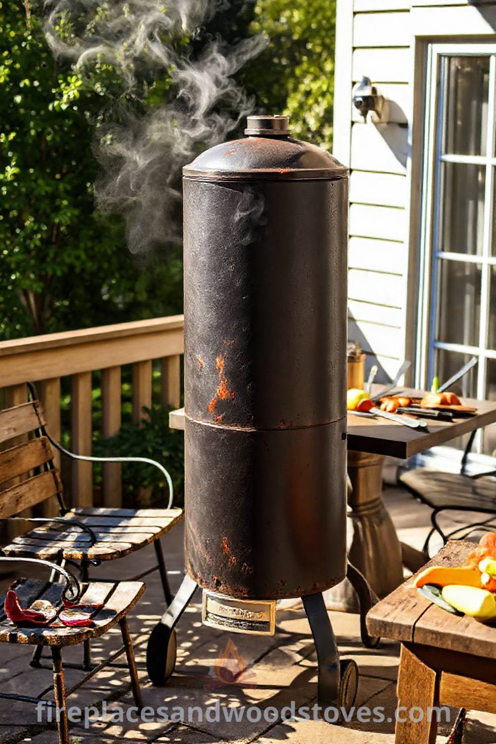 Tall vertical smoker barbecue on a sun-drenched patio with rustic furniture and fresh vegetables, creating a cozy inviting atmosphere for outdoor gatherings. Visit patioandhomefurniture.com for stylish design ideas transforming your backyard into a dream space.