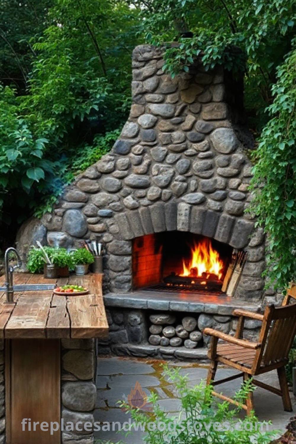 Charming outdoor kitchen featuring a wood-burning fireplace, rustic wood countertop, and lush greenery creating a cozy and inviting atmosphere for grilling and family gatherings. Visit patioandhomefurniture.com for incredible ideas that will wow your guests.