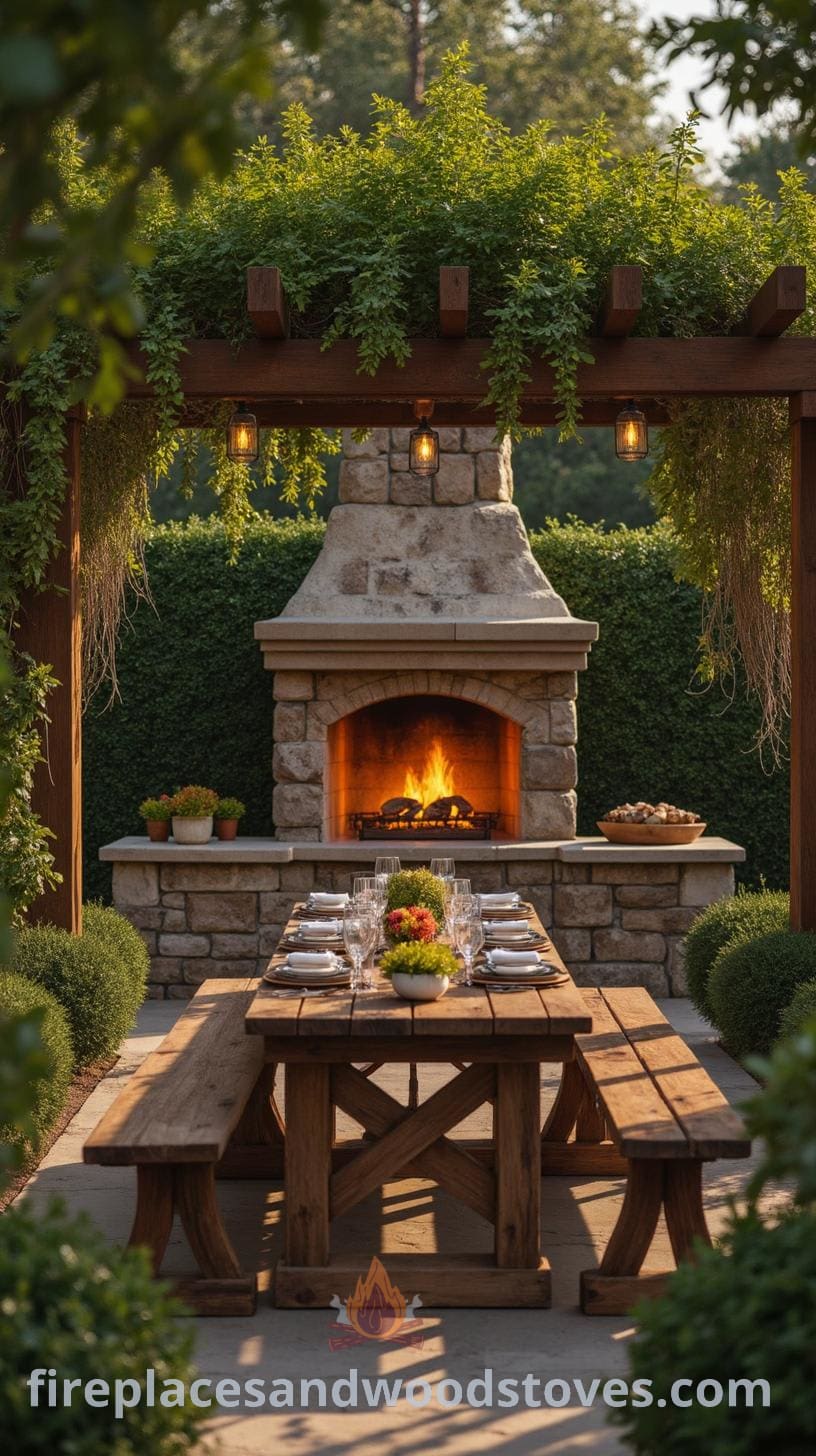 A beautifully designed outdoor kitchen area featuring a wooden pergola, stone fireplace, wooden dining table set for a meal, and lush greenery, creating a cozy ambiance for gatherings.