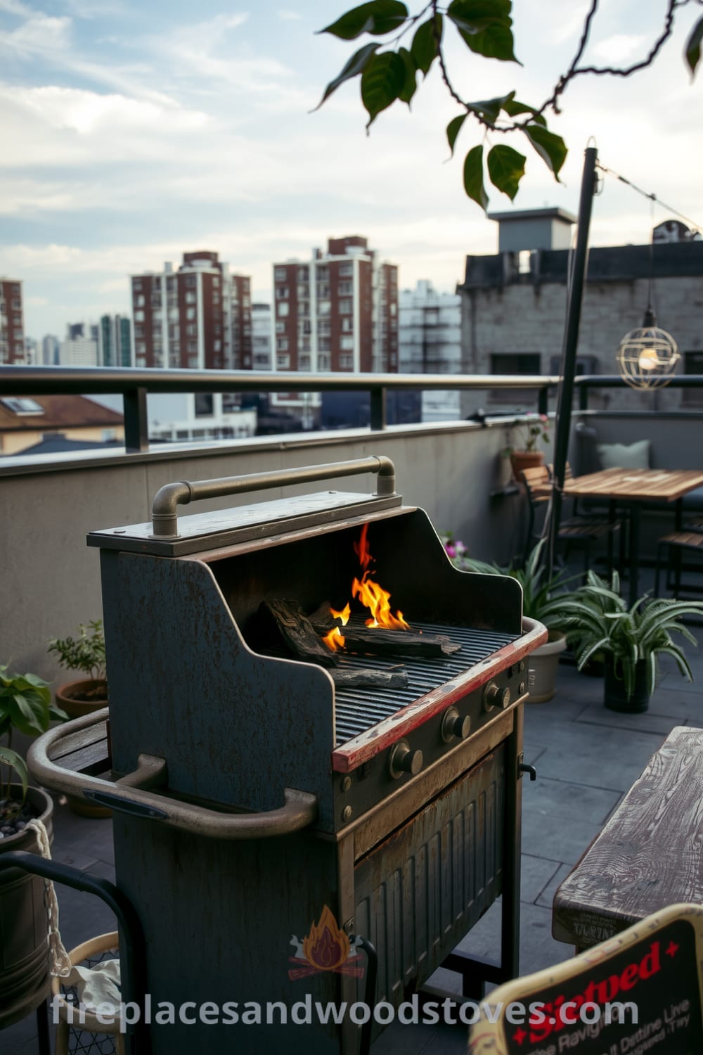 Weathered steel outdoor barbecue on a rustic rooftop terrace with a warm glow from the fire, surrounded by a wooden dining table and potted plants, against a backdrop of urban buildings, creating a cozy atmosphere for gatherings and inspiring decor ideas for your home at fireplacesandwoodstoves.com.