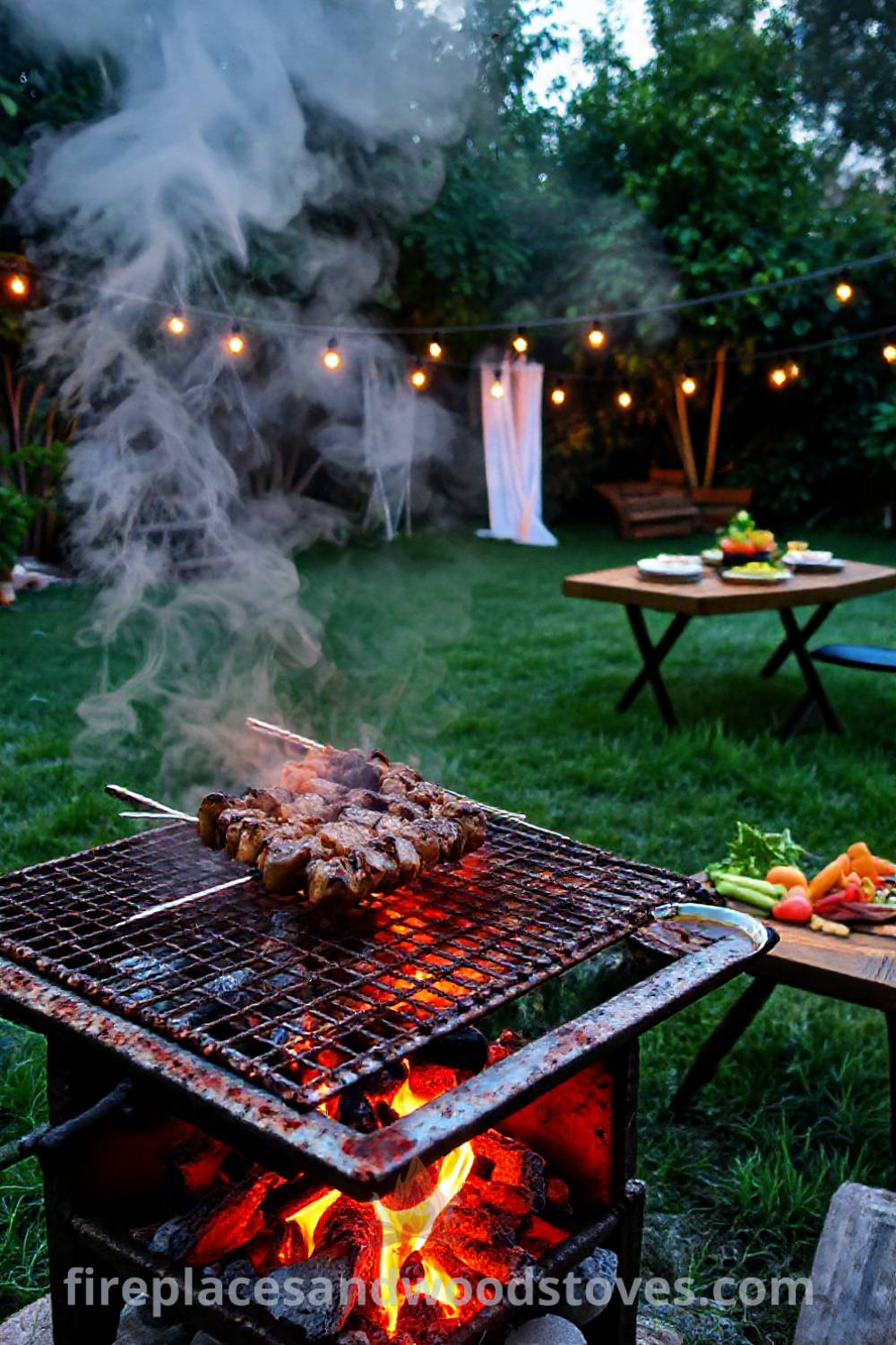 Traditional Turkish mangal barbecue in a grassy backyard, with metal grates, glowing coals, and skewers of marinated meat sizzling, surrounded by lush greenery and inviting string lights, offering cozy outdoor dining ideas. Visit patioandhomefurniture.com for stylish designs transforming your backyard.