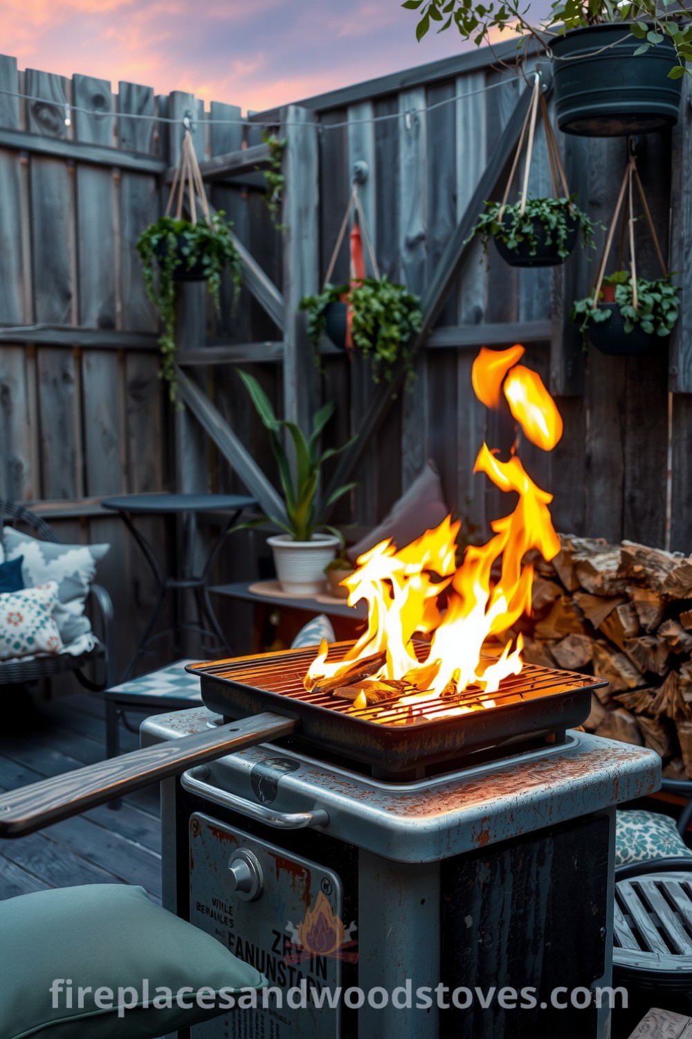 Weathered industrial outdoor barbecue in a cozy urban yard with reclaimed wooden fencing, flickering flames, scattered cushions on mismatched chairs, and hanging plants, providing unique decor ideas and inspirations for your home at fireplacesandwoodstoves.com.