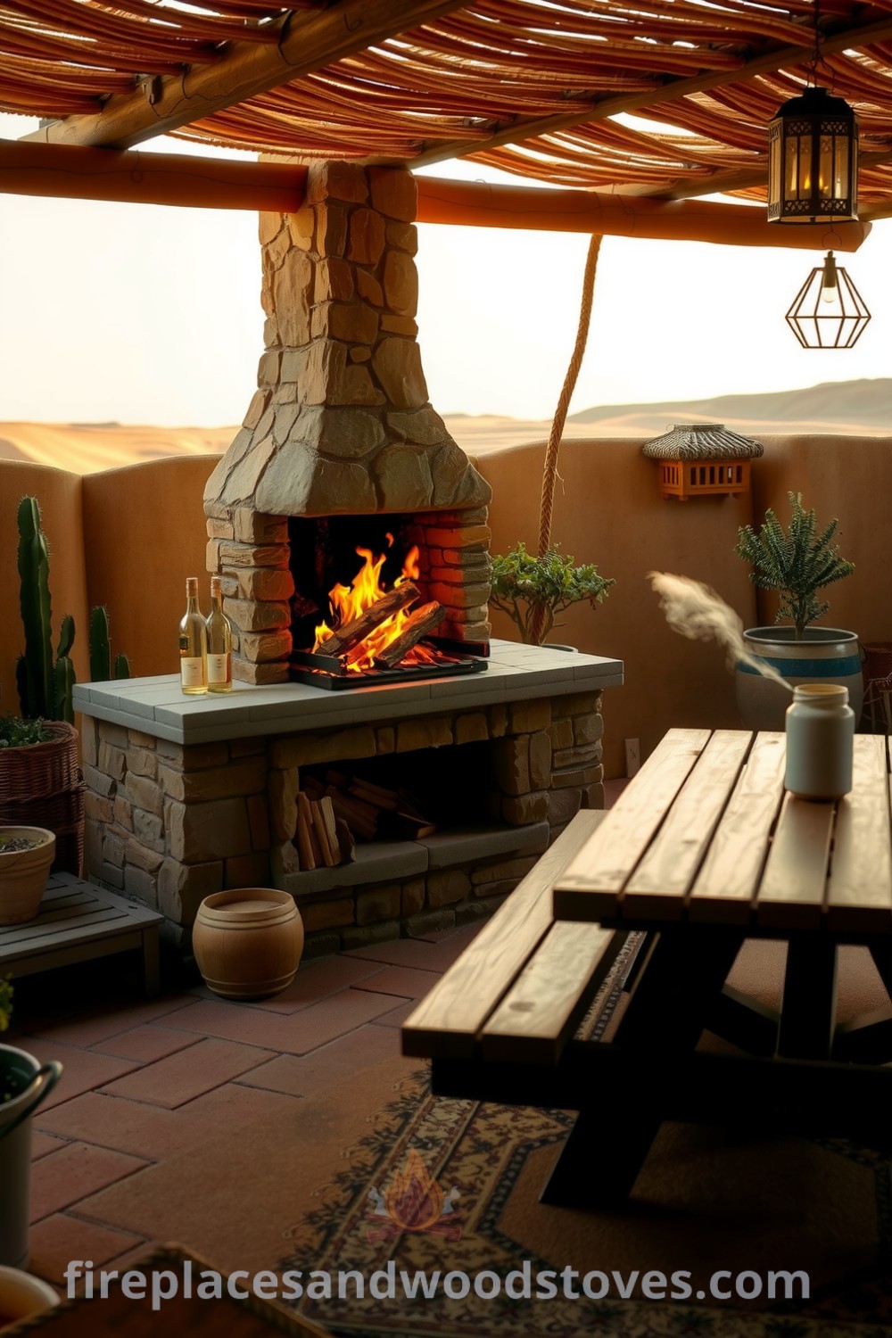 Sandstone barbecue in a sunlit outdoor patio surrounded by warm tones, featuring flames, a wooden picnic table, and decorative plants and lanterns for creating a cozy atmosphere, providing design ideas for your home at fireplacesandwoodstoves.com.