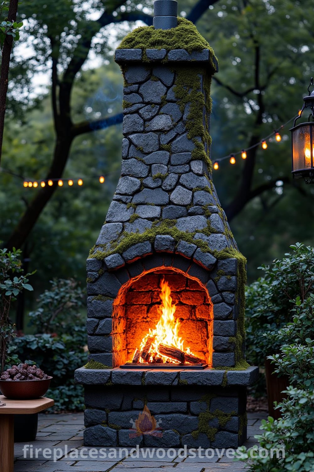 Gothic stone outdoor barbecue in a lush garden with smoke rising from flames, surrounded by ancient trees and rustic wooden benches, creating a cozy atmosphere filled with the aroma of grilled food, featured on fireplacesandwoodstoves.com.