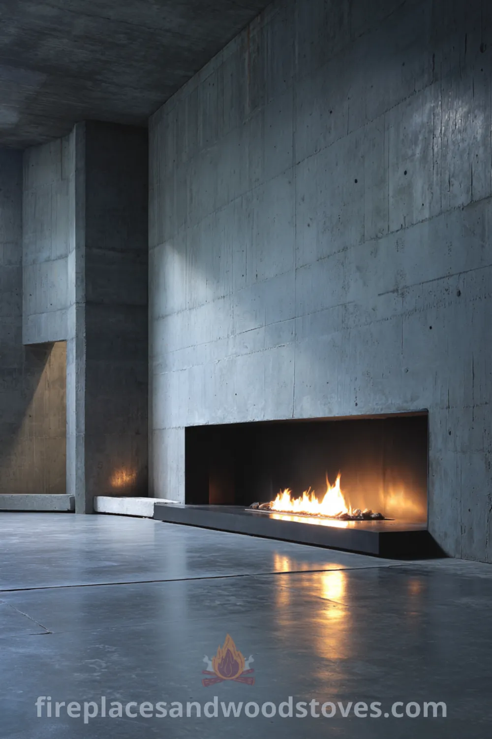 Raw minimalist fireplace surrounded by polished concrete walls in a serene industrial Scandinavian design, creating cozy warmth and functional elegance.