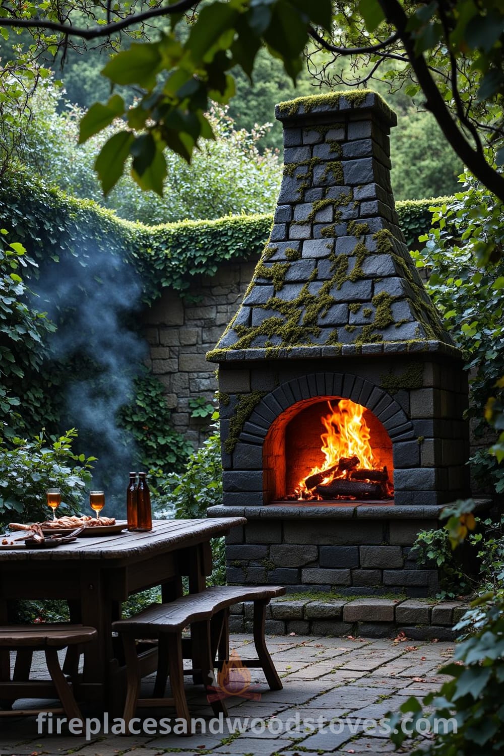 Gothic stone barbecue in an overgrown garden with flames, surrounded by greenery and an old wooden table with mismatched chairs, creating a cozy atmosphere perfect for gatherings, featured on fireplacesandwoodstoves.com.