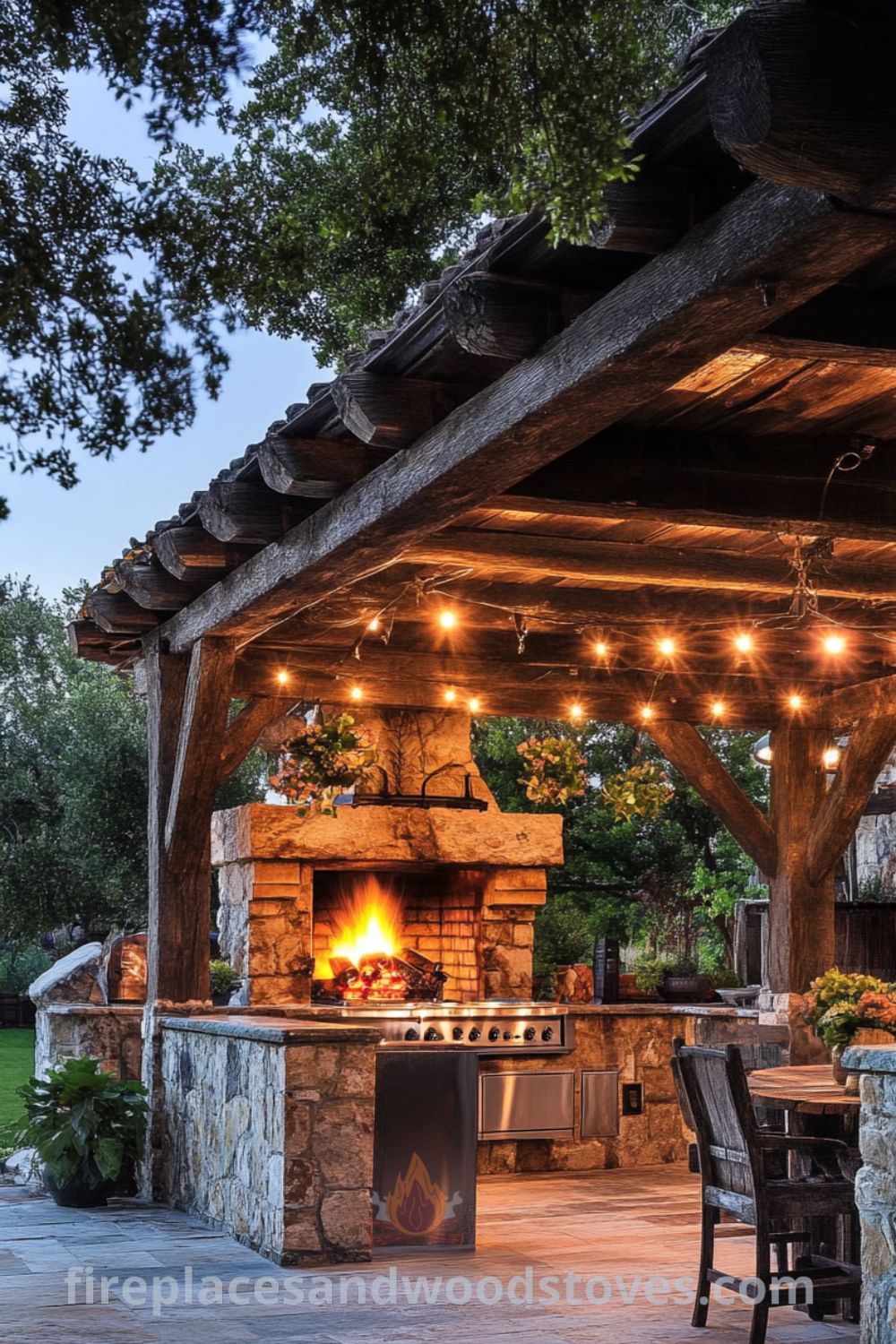 Covered patio kitchen featuring a cozy grilling area on fireplacesandwoodstoves.com, perfect for outdoor dining, with rustic design ideas, and unique inspirations for modern outdoor living.