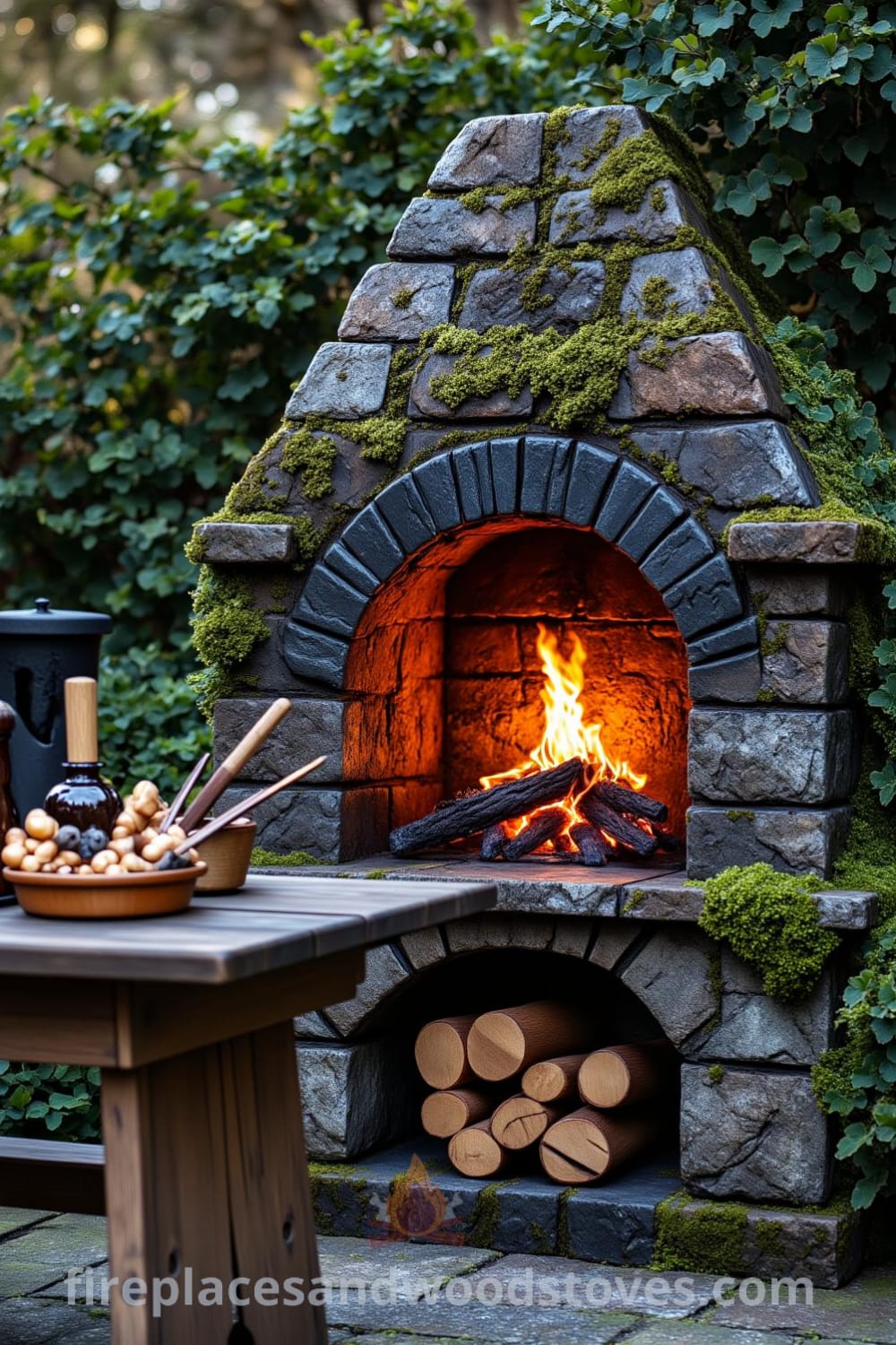 Gothic stone outdoor barbecue in a quaint garden with dark, uneven bricks, surrounded by greenery and a weathered wooden table filled with grilling utensils, showcasing rustic charm and cozy design ideas. Visit fireplacesandwoodstoves.com for more inspiring decor ideas.