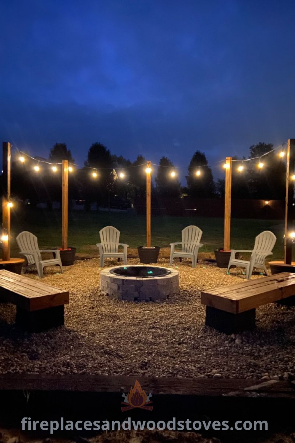 A cozy fire pit area in a beautiful backyard surrounded by stylish chairs and hanging lights, showcasing incredible ideas for transforming your outdoor space. Discover more inspiration for your fire pit at patioandhomefurniture.com.