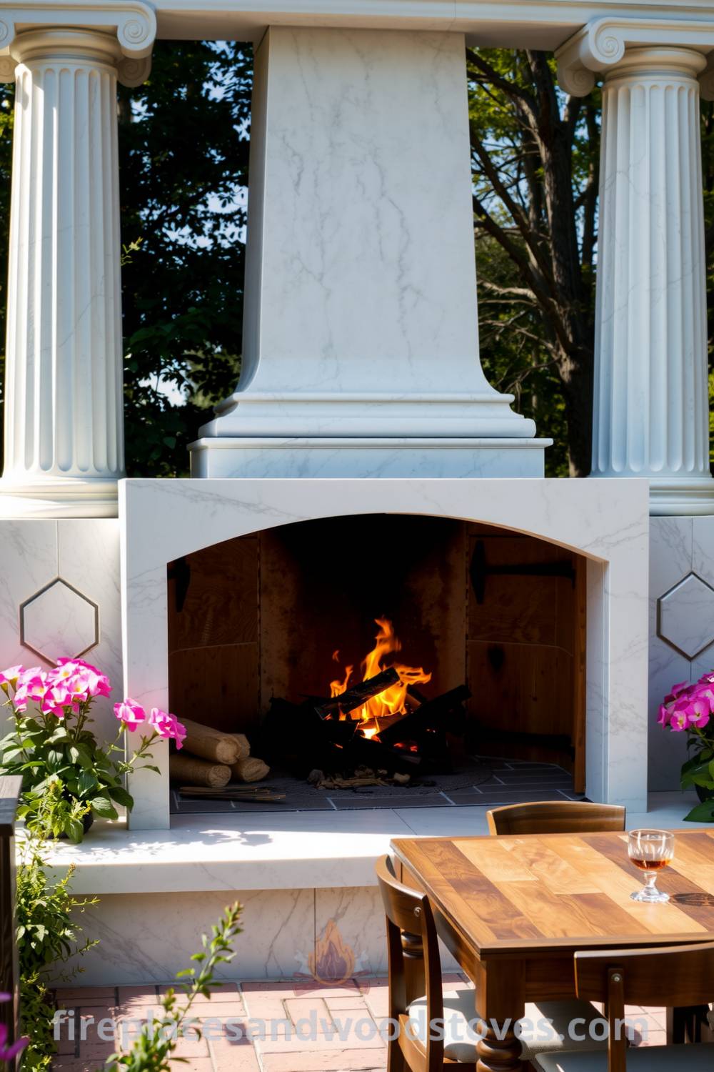Neoclassical marble outdoor barbecue in a sunlit garden with grand columns, smooth marble textures, cozy wooden dining set, vibrant blooming flowers, and the inviting aroma of charred meat, inspiring unique outdoor decor ideas for your home at fireplacesandwoodstoves.com.