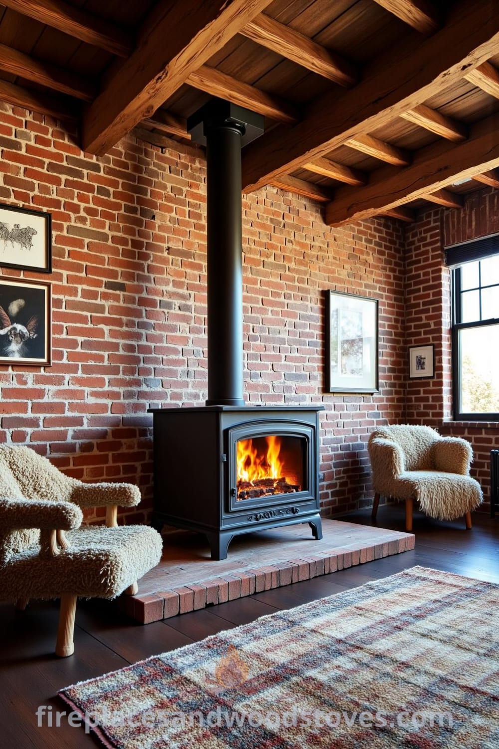 Industrial metal pipe woodstove fireplace in an open-concept loft, featuring exposed brick walls and rugged wooden beams, surrounded by mismatched armchairs and a plush rug, inspiring cozy ideas for your home, with a warm ambiance and inviting atmosphere. Visit fireplacesandwoodstoves.com for more decor inspirations.