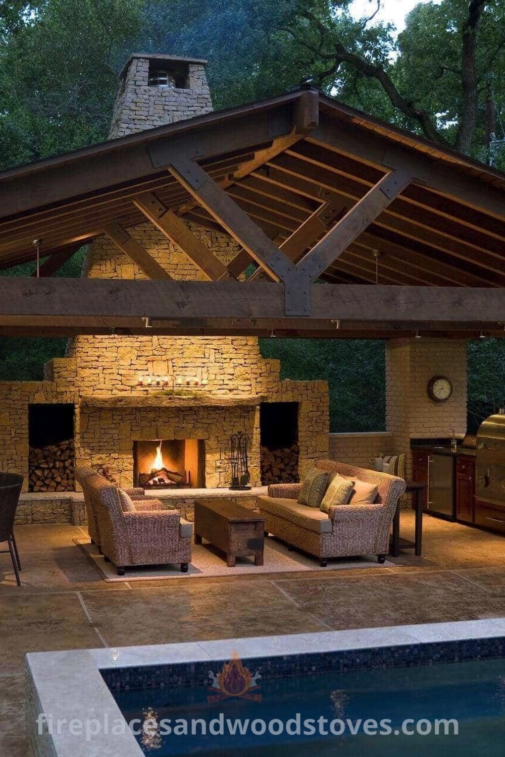 An outdoor living area with a fireplace, couches, tables, and a swimming pool, showcasing stylish pool house design ideas. Discover modern outdoor decor and functional layouts at patioandhomefurniture.com.