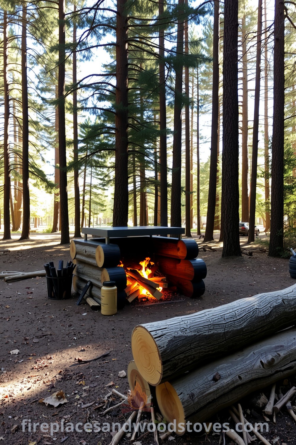 Log-built barbecue in a secluded forest clearing surrounded by towering pine trees, crackling fire, rough-hewn log seating, fragrant smoke, fallen leaves, and dappled sunlight, creating a cozy and inviting atmosphere for gathering with friends. Visit fireplacesandwoodstoves.com for unique decor ideas.