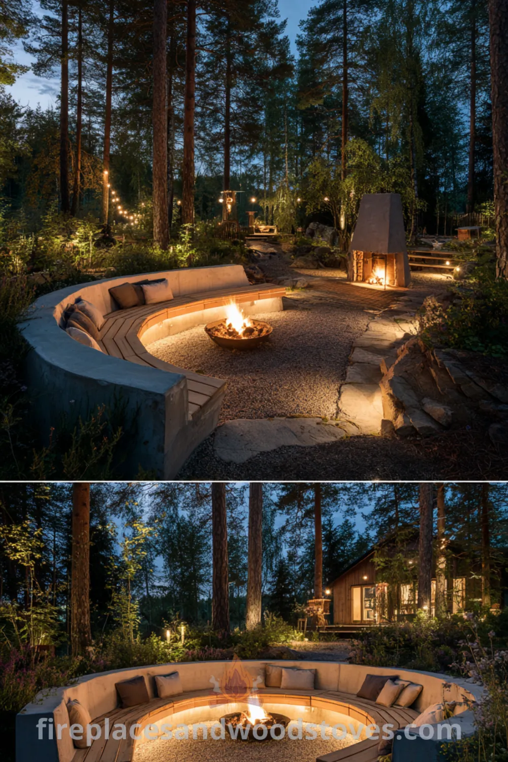 Scandinavian outdoor fireplace surrounded by blonde wood seating and soft lighting in a serene garden setting.