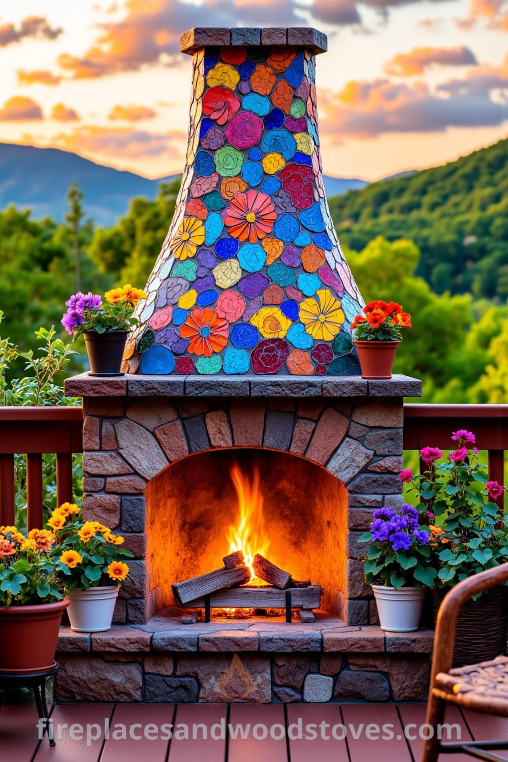 Bohemian mosaic fireplace on a sun-drenched patio with vibrant tiles, rustic stone hearth, potted plants with colorful flowers, and inviting mismatched chairs, creating a cozy outdoor gathering space, perfect for entertaining friends and family; ideas for your home available at fireplacesandwoodstoves.com.