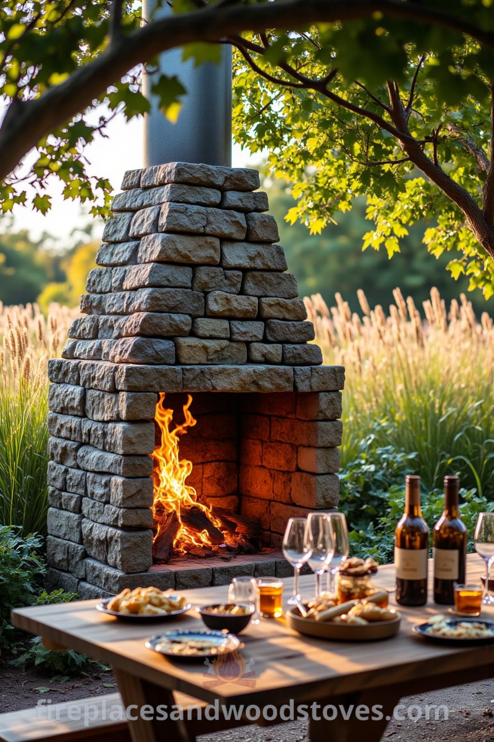 Rustic barbecue pit in a sun-dappled garden, made from rough stones and aged metal, with dancing flames, a wooden picnic table adorned with mismatched plates and wine bottles, surrounded by tall grasses, providing cozy decor inspirations for your home, featured on fireplacesandwoodstoves.com.