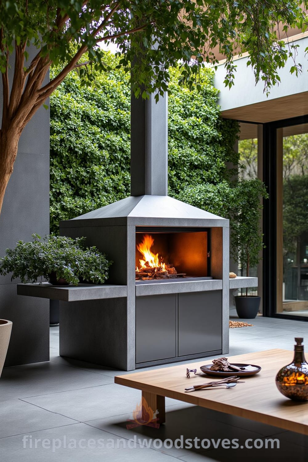 Modern concrete outdoor barbecue in a lush garden patio, surrounded by greenery and simple wooden tables, showcasing the warm glow of a wood-burning fire, creating a cozy and inviting atmosphere for outdoor gatherings. For more inspiring decor ideas, visit fireplacesandwoodstoves.com.