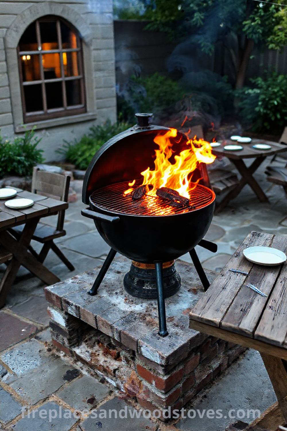 Wood-fired barbecue on a weathered stone patio with rustic wooden tables and an inviting atmosphere, perfect for outdoor gatherings with friends and family. Visit patioandhomefurniture.com for stylish outdoor design ideas that will wow your guests.