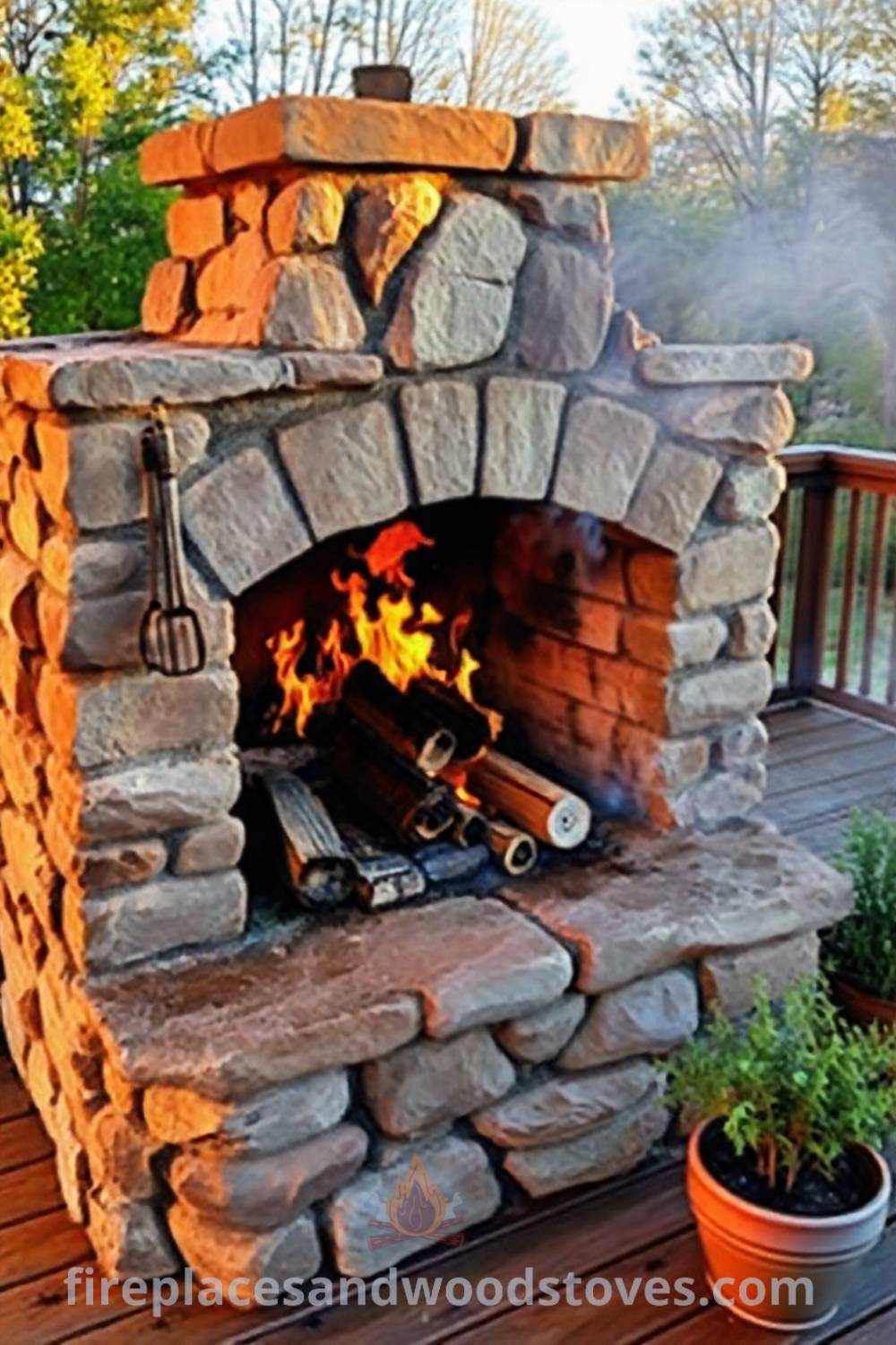 Stone-built fireplace BBQ on a wooden deck with flames flickering inside, surrounded by potted herbs, creating a cozy outdoor cooking space perfect for gatherings. Visit patioandhomefurniture.com for stylish outdoor design ideas that will wow your guests.