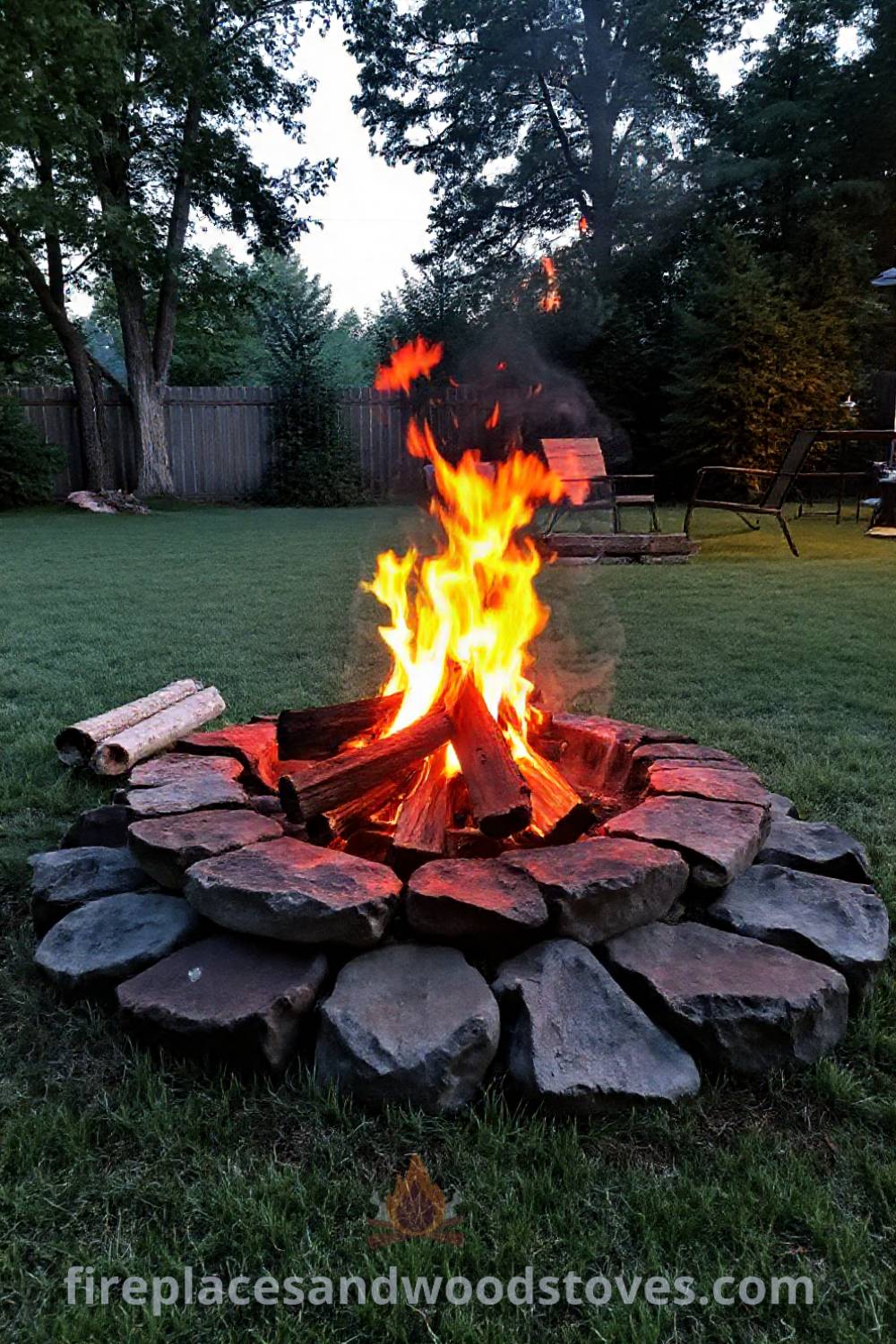 Cozy rustic wood-burning fire pit in a grassy backyard surrounded by stones, inviting warm evenings with laughter and marshmallows under a starlit sky, perfect for incredible outdoor designs transforming your backyard. Visit patioandhomefurniture.com for stylish inspiration.