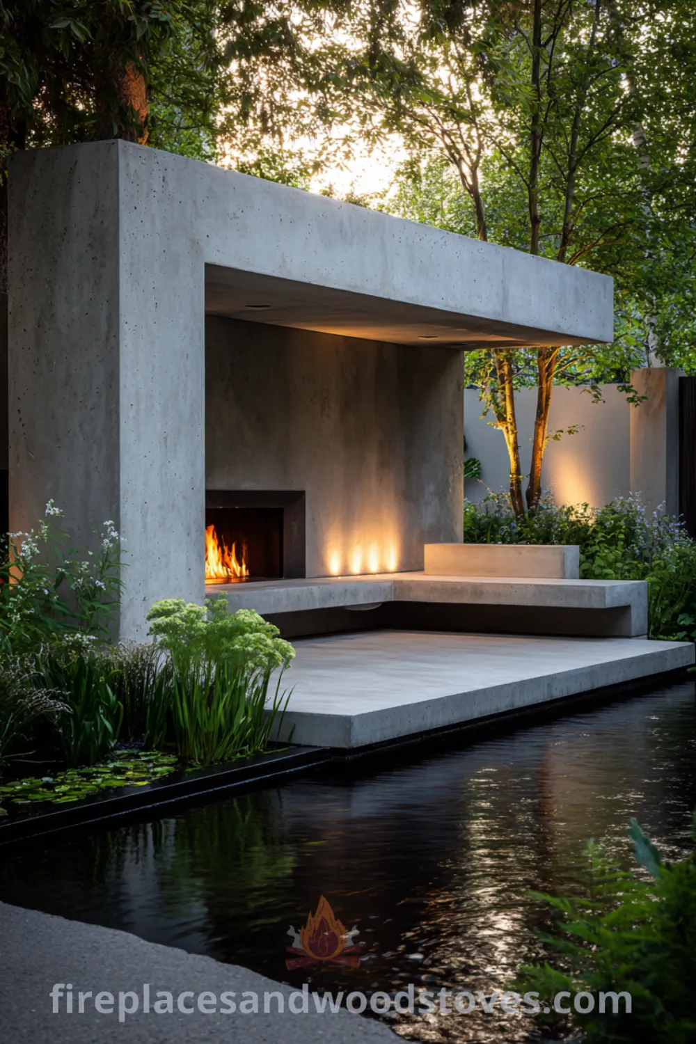 Sleek outdoor fireplace with concrete design, integrated water feature, and lush greenery in a modern garden.