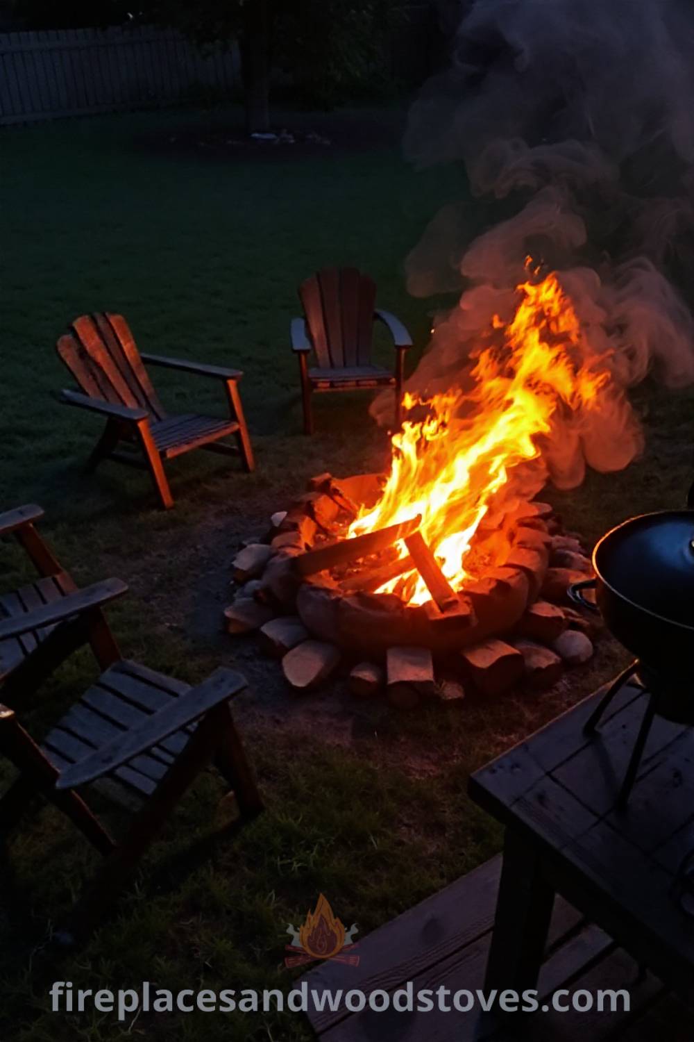 Rustic wood-burning fire pit surrounded by scattered logs and mismatched chairs in a cozy backyard setting with a warm glow, perfect for gatherings. Discover stylish outdoor ideas that will wow your guests at patioandhomefurniture.com.