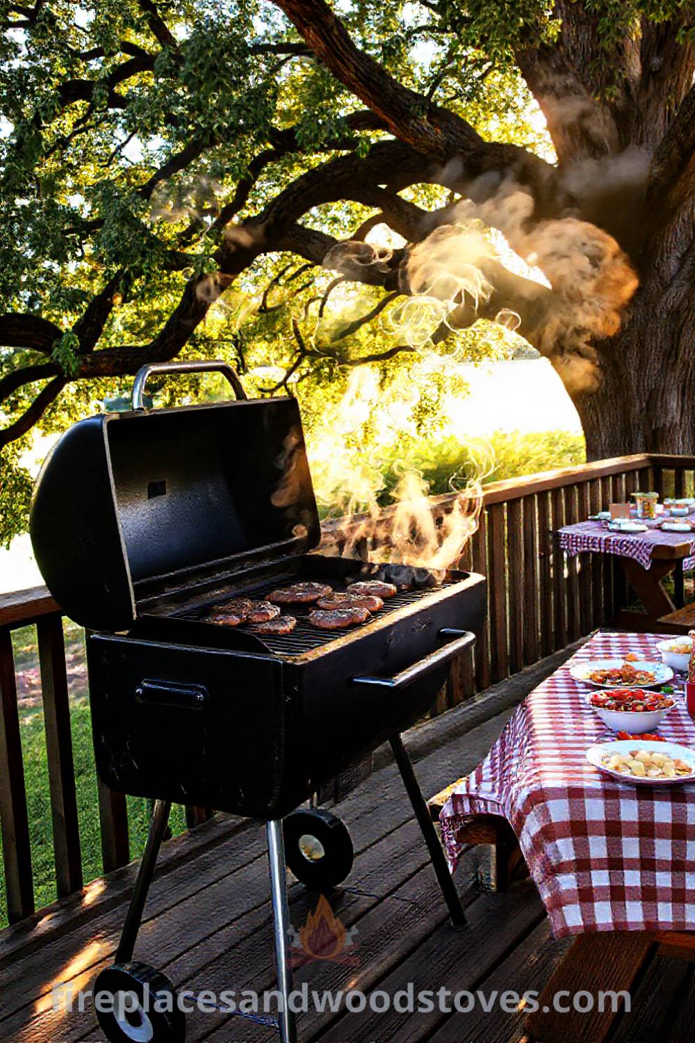 Charcoal grill barbecue on a rustic deck with sizzling steaks, a picnic table with checkered tablecloths, and dappled sunlight from an oak tree, creating a cozy outdoor dining atmosphere. Visit patioandhomefurniture.com for stylish outdoor design ideas that will wow your guests.