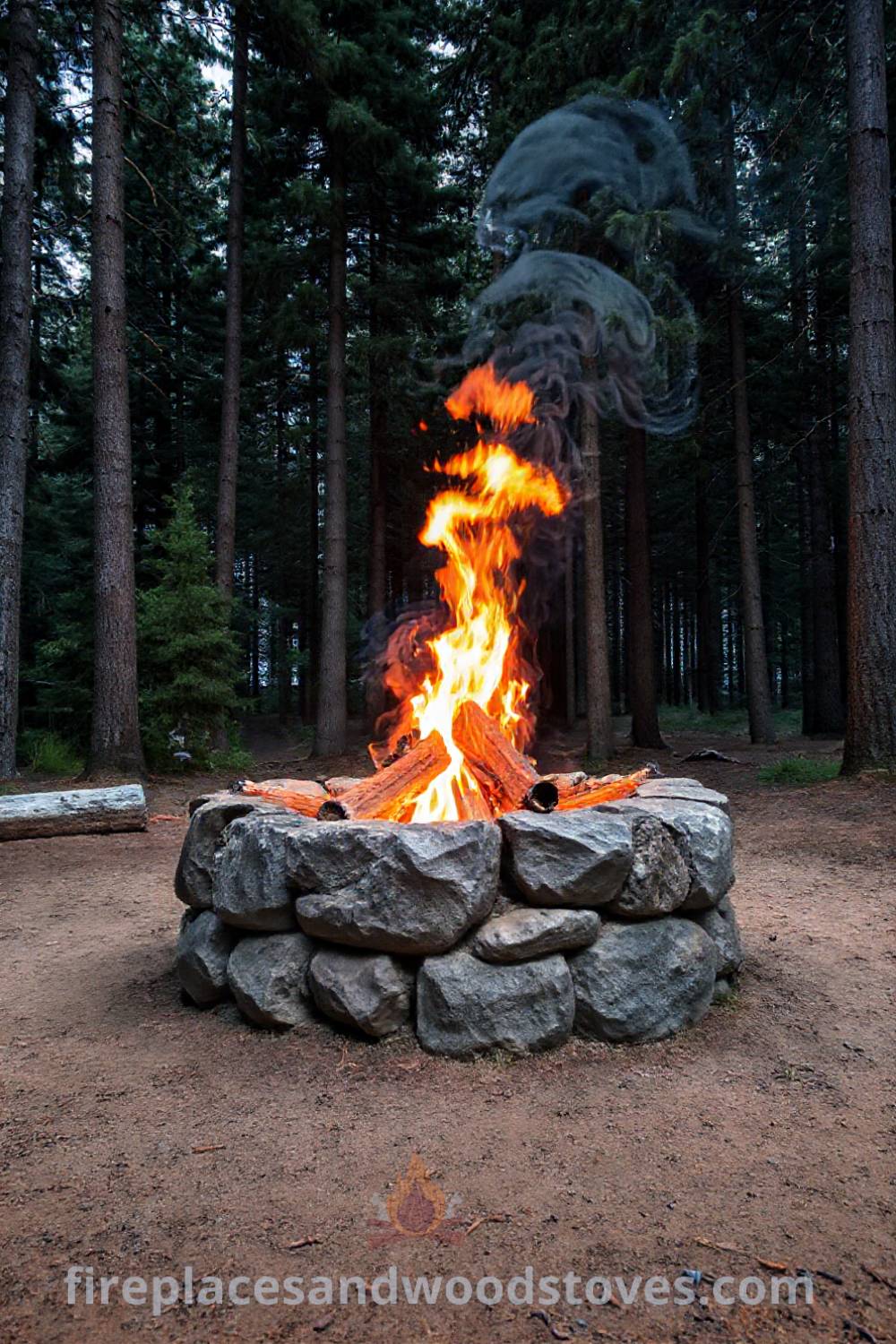 A rugged stone camping fire pit in a clearing, surrounded by trees, with flickering flames illuminating logs for seating, creating a cozy and inviting atmosphere for evening gatherings. Visit patioandhomefurniture.com for incredible outdoor design inspiration.