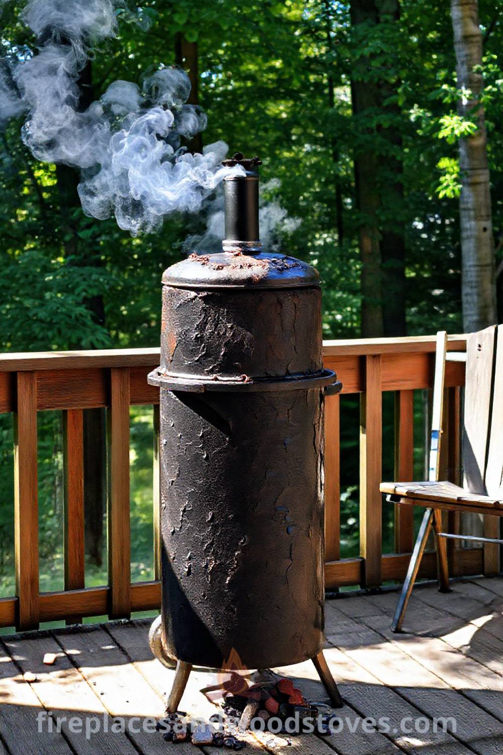 Sturdy vertical smoker barbecue on a wooden deck surrounded by mismatched patio chairs, with smoke gently rising and hints of slow-cooked meats creating a cozy, inviting outdoor atmosphere perfect for unforgettable gatherings. Visit patioandhomefurniture.com for stylish outdoor design ideas.