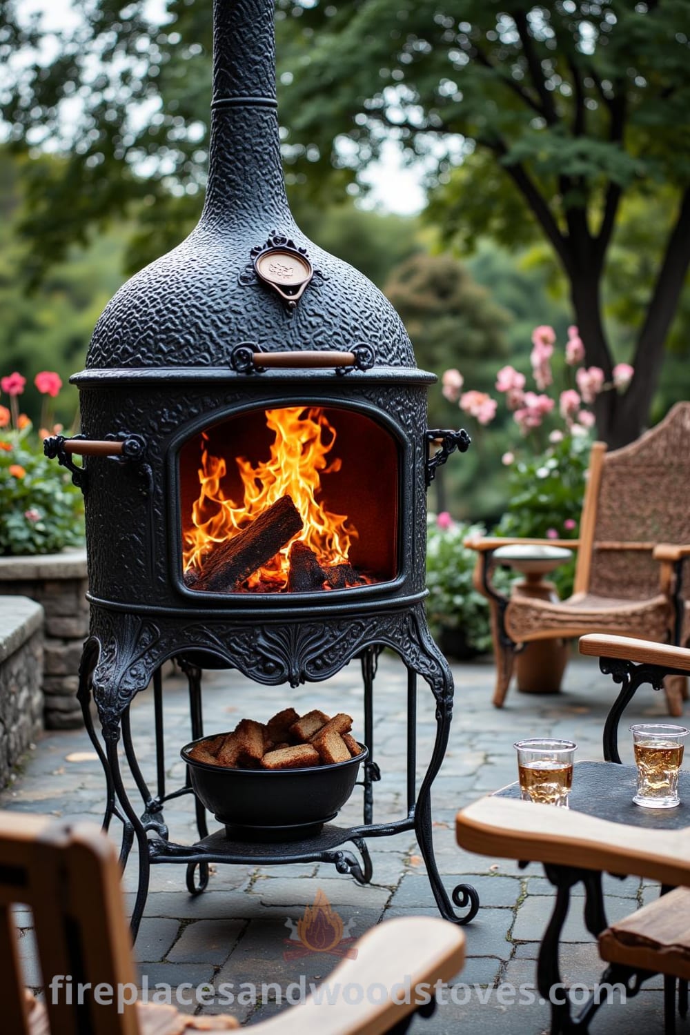 Victorian wrought iron outdoor barbecue on a stone patio, featuring flickering flames that cast shadows, surrounded by comfortable chairs, creating a cozy atmosphere perfect for outdoor gatherings, as showcased on fireplacesandwoodstoves.com.
