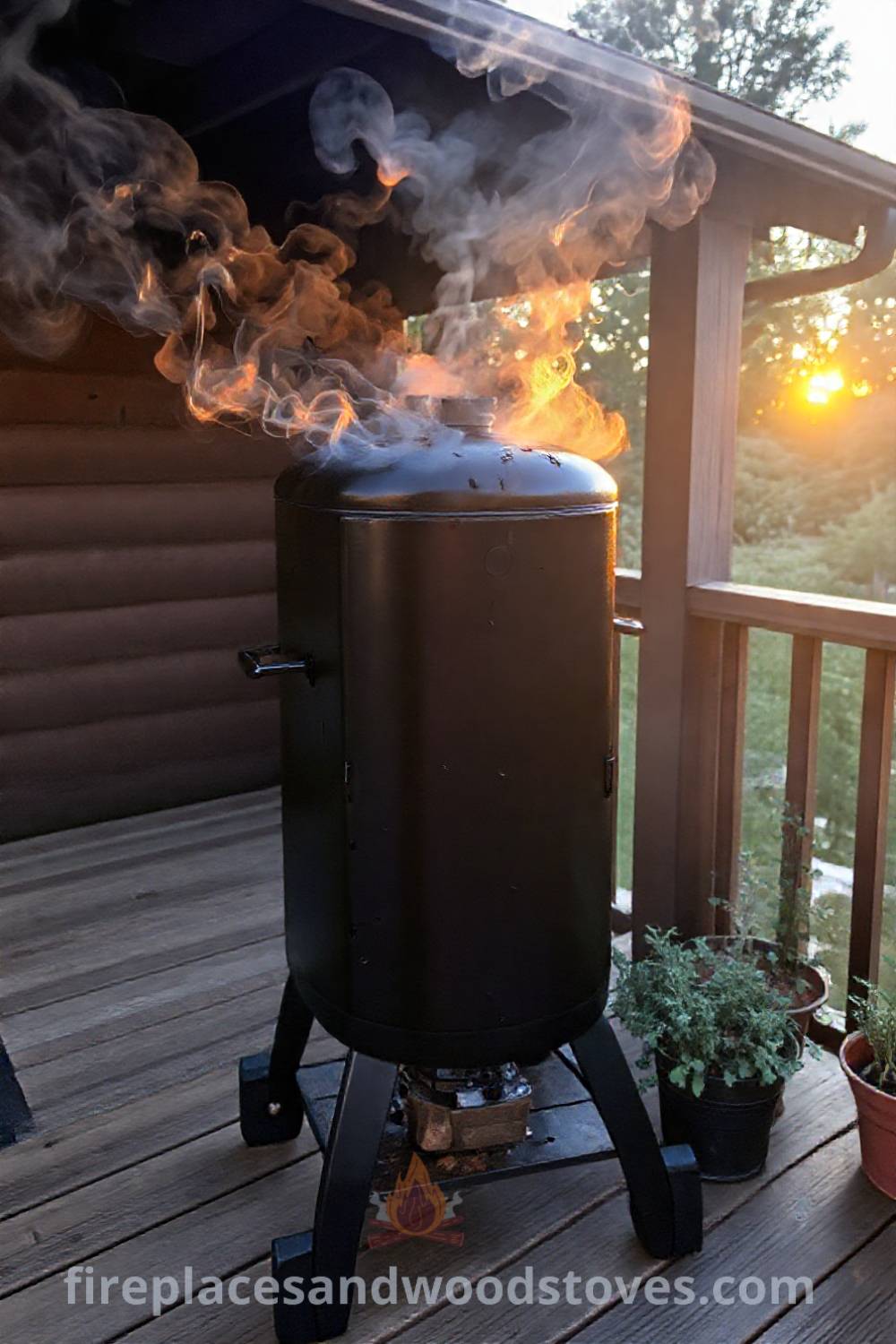 Sturdy vertical smoker barbecue on a wooden deck, with smoke rising gently, surrounded by potted herbs, creating a cozy outdoor cooking atmosphere for gatherings and summer cookouts. Visit patioandhomefurniture.com for stylish outdoor design inspiration.