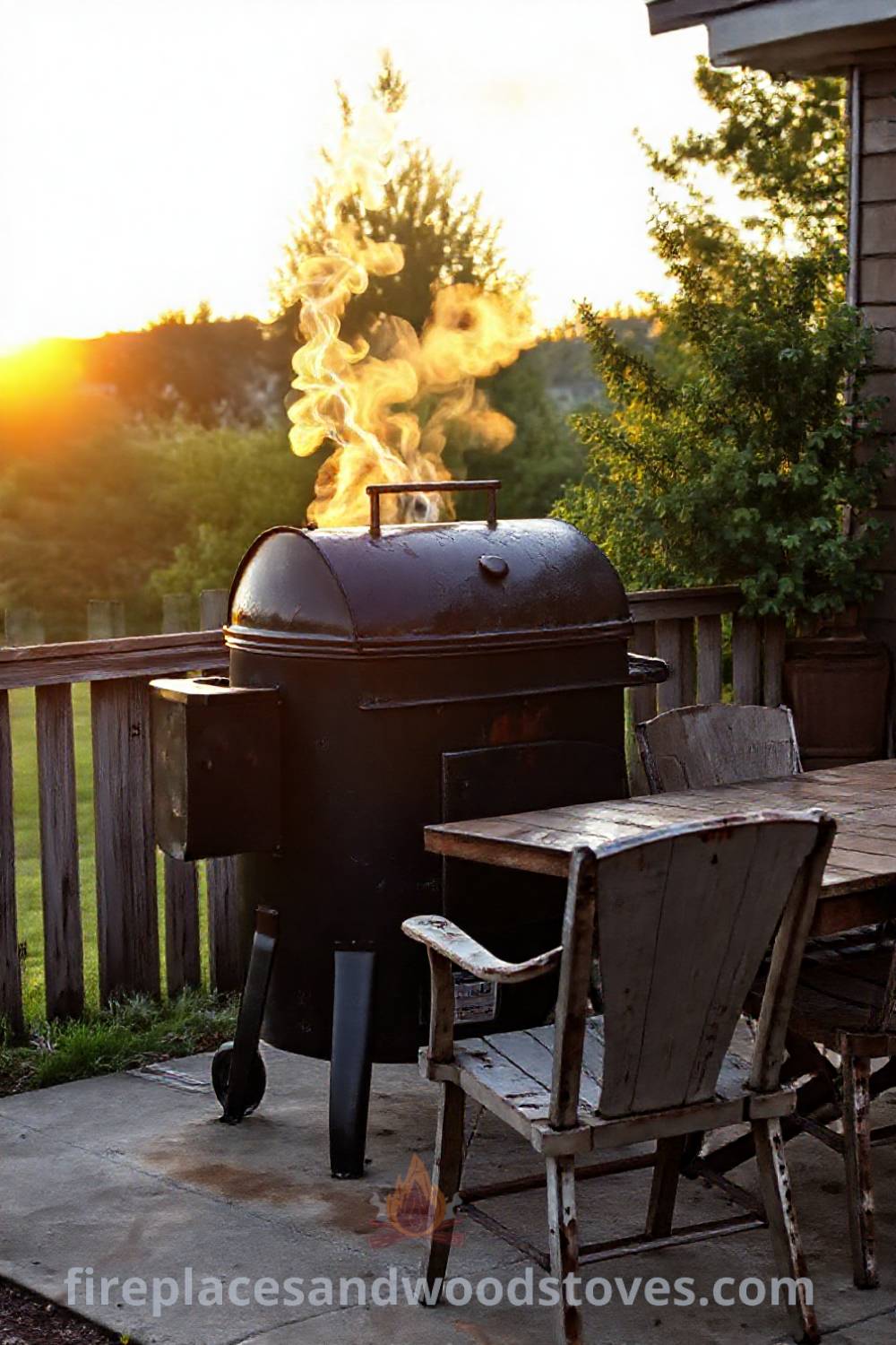 Outdoor barbecue smoker on a weathered patio with rustic wooden furniture, inviting atmosphere for gatherings, creating a cozy and stylish setting for cookouts and outdoor dining. Visit patioandhomefurniture.com for incredible ideas to transform your backyard.