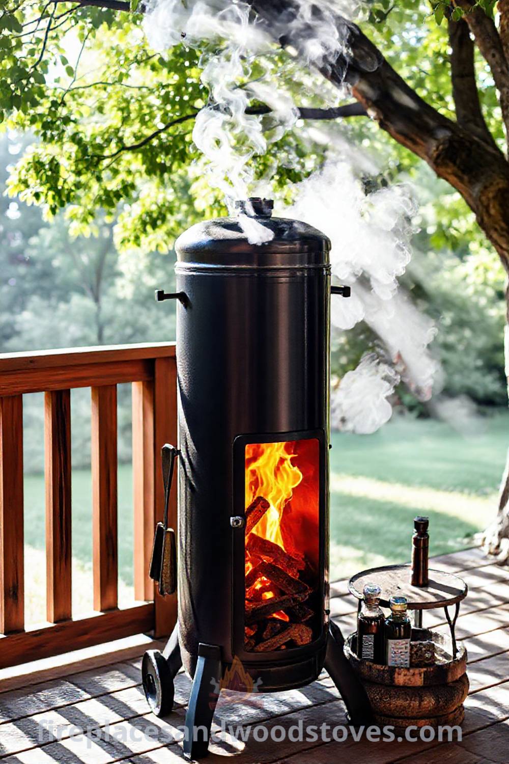 Tall vertical smoker barbecue on a wooden deck surrounded by timber, emitting hickory smoke, with rustic utensils and marinades nearby, creating a cozy outdoor cooking scene. Visit patioandhomefurniture.com for stylish designs transforming your backyard.