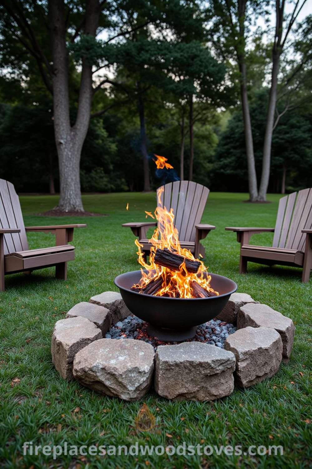 Rustic fire pit surrounded by a ring of flat stones in a grassy backyard clearing, featuring flickering flames, inviting wooden chairs, and a cozy atmosphere ideal for outdoor gatherings, found at fireplacesandwoodstoves.com.