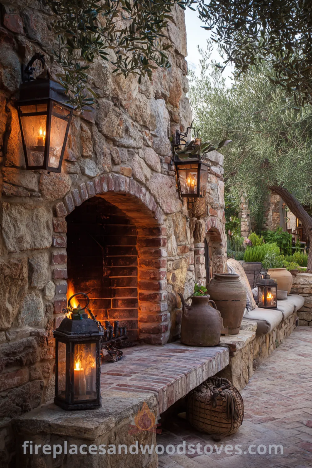 Rustic outdoor fireplace surrounded by olive trees, featuring charming mediterranean fireplace, inviting warmth outdoor, and relaxed outdoor living atmosphere.