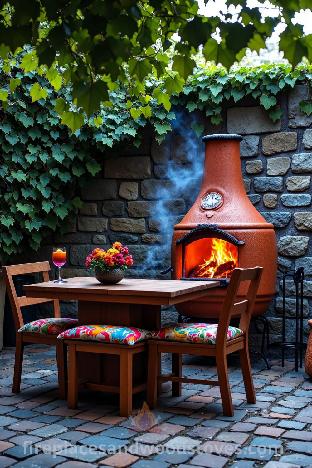 Chiminea-style outdoor fireplace on a cobbled patio with dancing orange flames, weathered terracotta, and a cozy atmosphere enhanced by draping vines and colorful cushions, offering unique ideas for your home decor at fireplacesandwoodstoves.com.