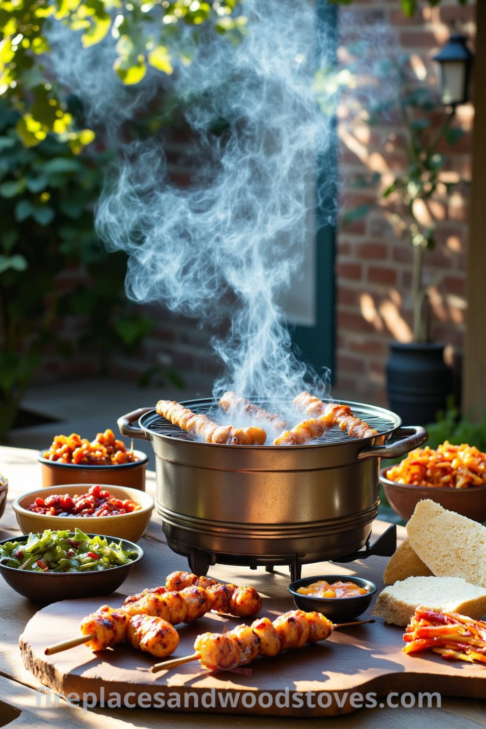 Barbecue grill on a sun-drenched patio with marinated skewers cooking over smoldering charcoal, surrounded by colorful side dishes on a wooden table, inviting friends and family to gather for a cozy outdoor meal, perfect for summer entertaining. Visit fireplacesandwoodstoves.com for more cozy ideas.