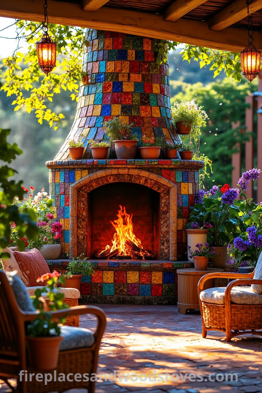 Vibrant Bohemian mosaic fireplace on a sunlit patio, with colorful tiles and flickering flames, surrounded by potted plants and wooden furniture, creating a cozy outdoor atmosphere perfect for relaxation. For more unique ideas and inspirations for your home, visit fireplacesandwoodstoves.com.