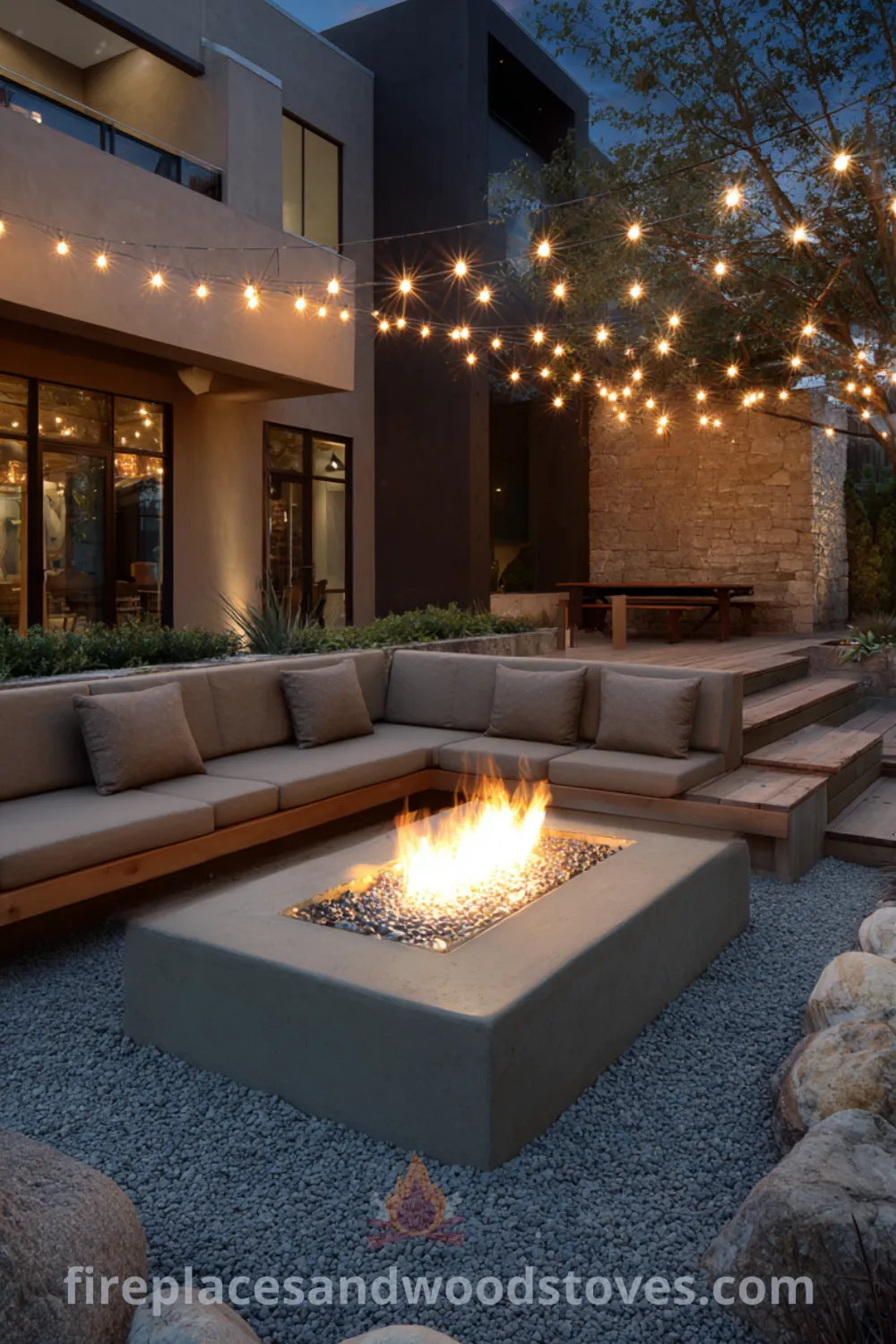 Sleek fire pit in gravel patio with integrated lighting, minimalist fire pit, and contemporary outdoor living space designs.