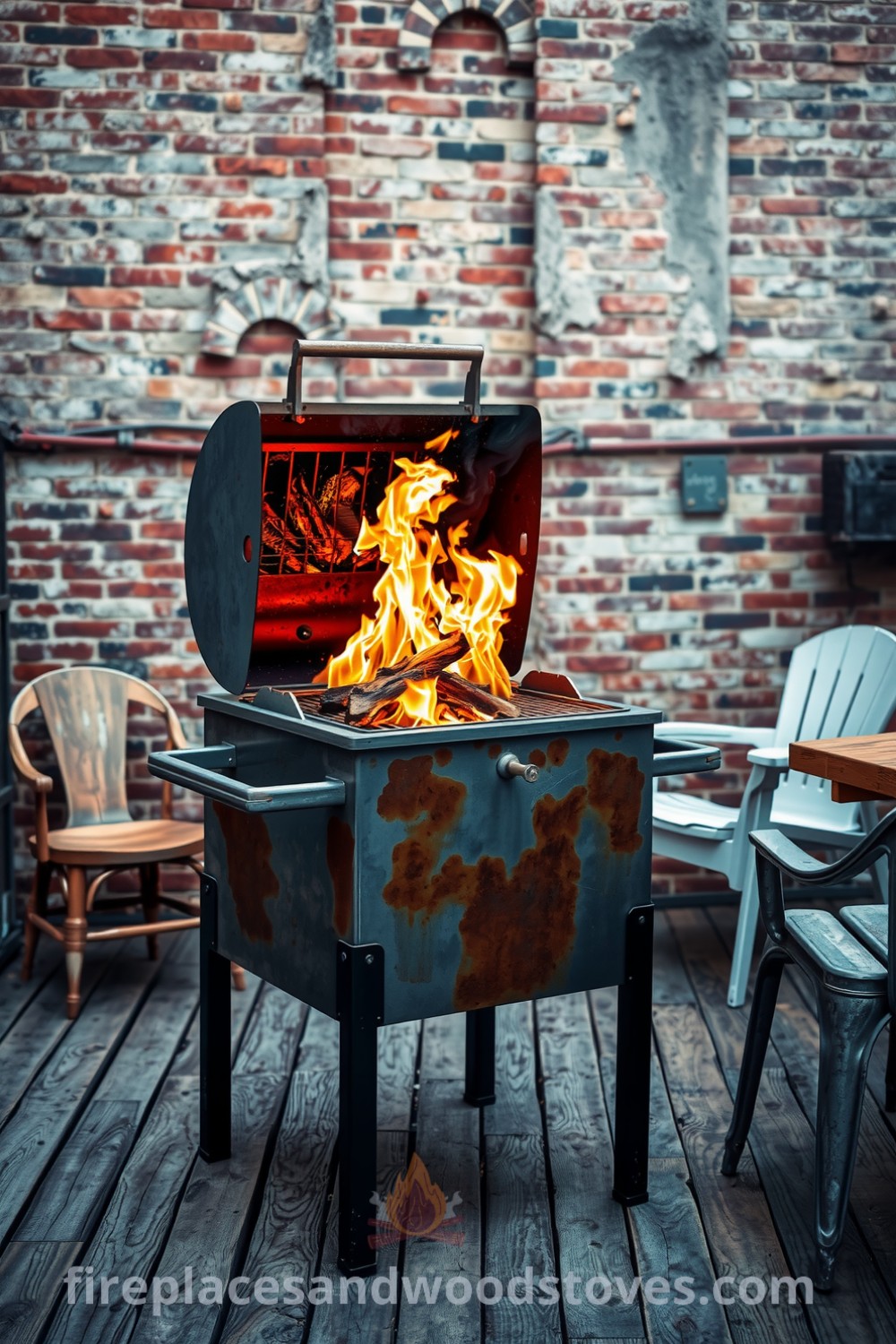 Industrial steel outdoor barbecue on a reclaimed wood deck with a weathered metal surface and hints of rust, surrounded by mismatched chairs, warm flames, and an old brick wall, creating cozy decor ideas for your outdoor cooking space. Visit fireplacesandwoodstoves.com for more inspiration.