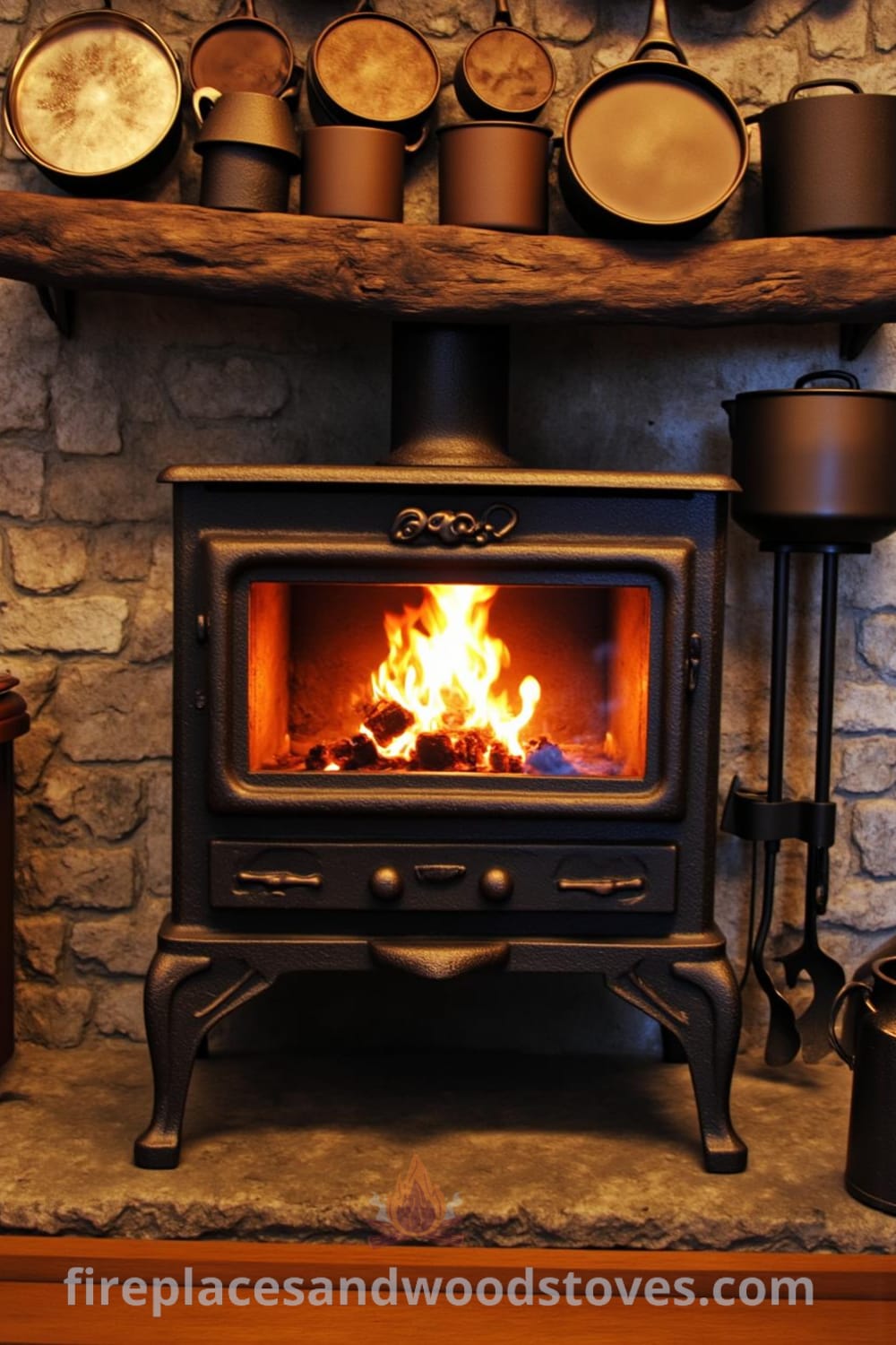 Wood stove in a rustic kitchen with a blackened surface, flickering flames behind glass, surrounded by cast-iron pots, creating a cozy home atmosphere. Explore more cozy ideas at fireplacesandwoodstoves.com.