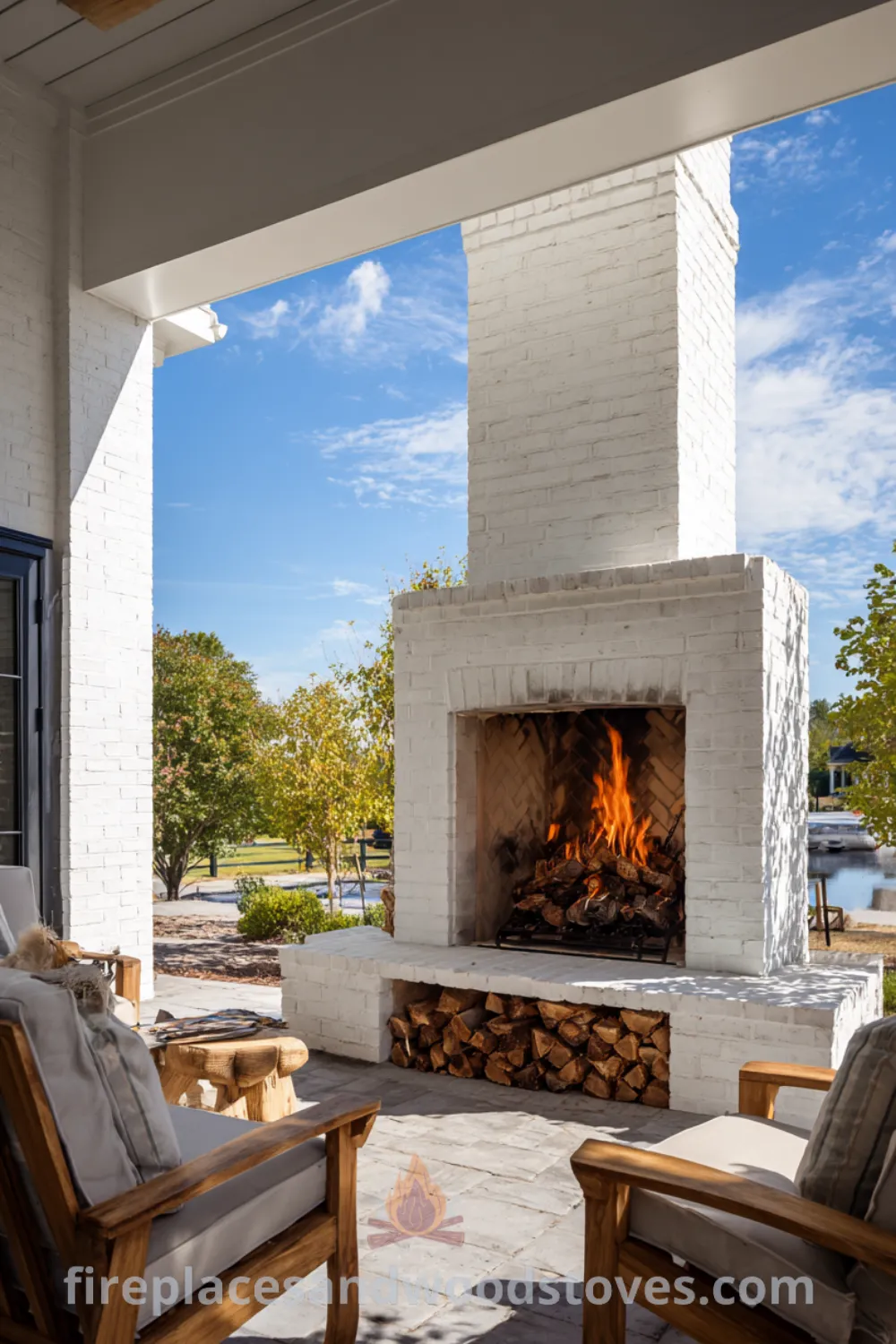 Outdoor fireplace in white painted brick with cozy seating, built-in wood storage, and charming farmhouse design elements.