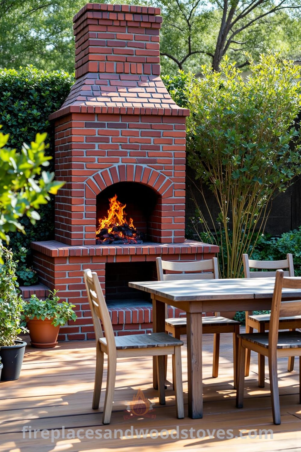 Traditional brick outdoor barbecue in a sun-drenched backyard with flickering flames, surrounded by plants and rustic mismatched chairs, offering cozy decor ideas for outdoor gatherings, as seen on fireplacesandwoodstoves.com.