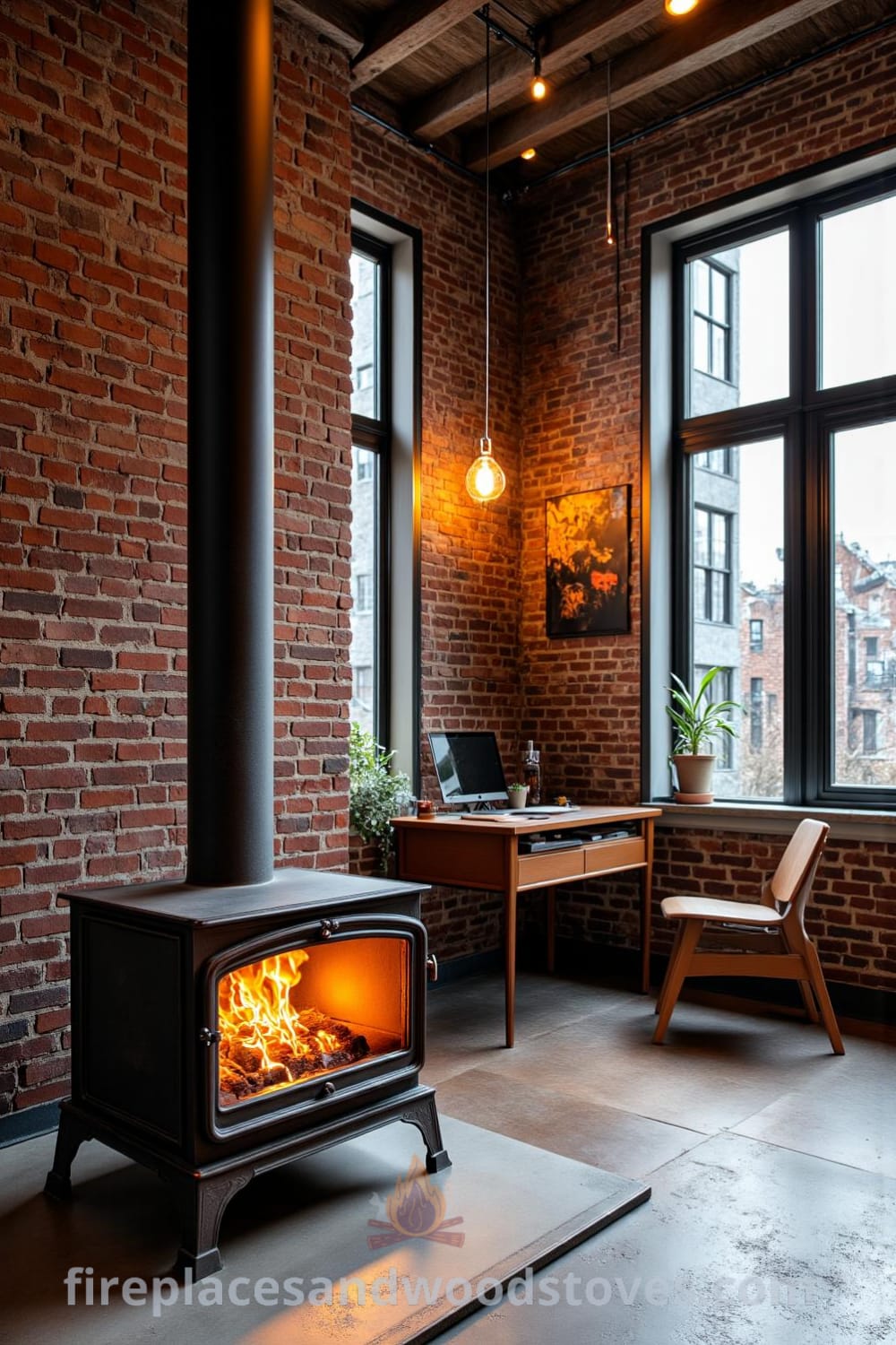 Industrial metal woodstove fireplace in a chic urban loft featuring exposed brick walls, aged wooden beams, and a cozy ambiance created by flickering flames, showcasing unique decor ideas for a cozy home at fireplacesandwoodstoves.com.