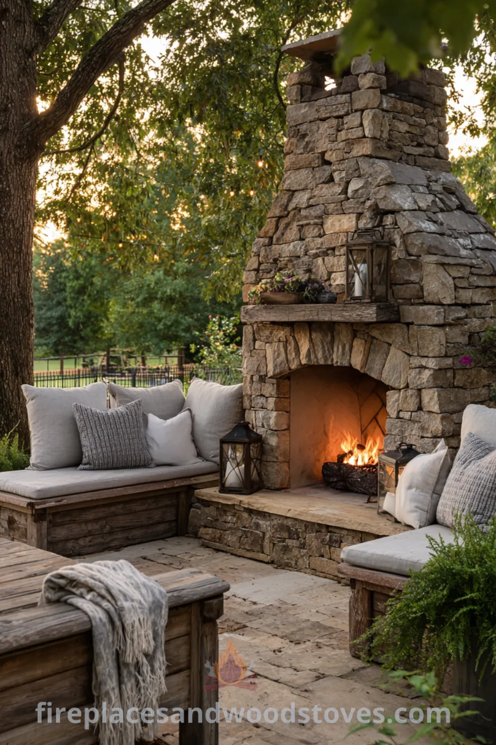 Cozy farmhouse outdoor fireplace with integrated seating wood benches, mature trees, and warm fire glow for inviting gatherings.