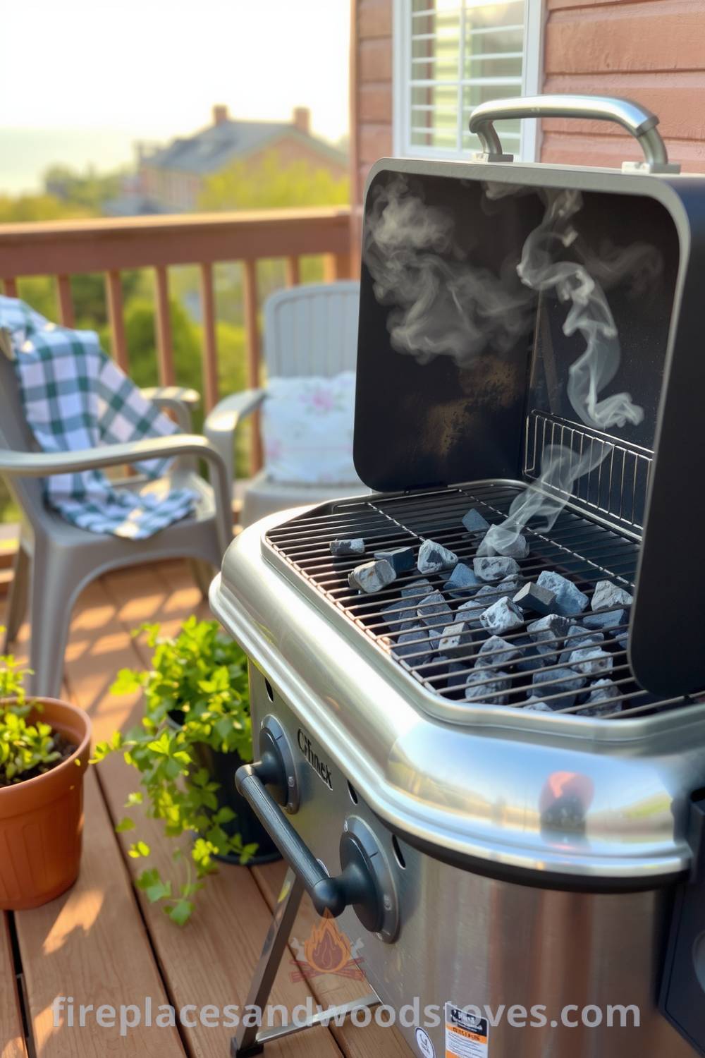 Barbecue grill on a wooden deck with a metallic surface gleaming in the afternoon sun, charcoal ready to ignite, potted herbs nearby, and mismatched chairs creating a cozy gathering space. Visit fireplacesandwoodstoves.com for more cozy home design ideas and inspirations.