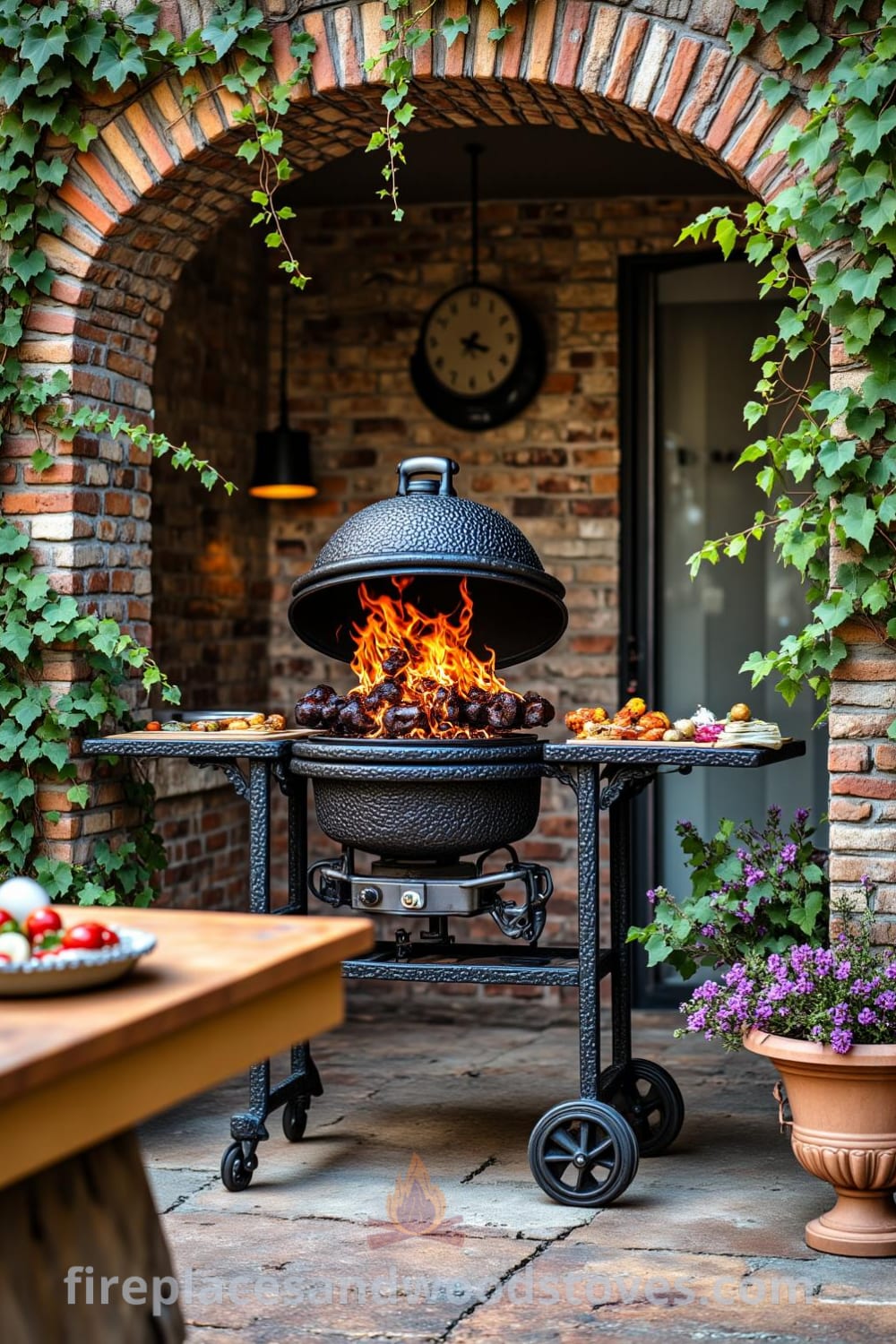 Wrought iron barbecue on a rustic stone patio with creeping vines, flickering flames, and a wooden table filled with fresh ingredients, creating a cozy and inviting outdoor dining atmosphere perfect for summer meals at fireplacesandwoodstoves.com.