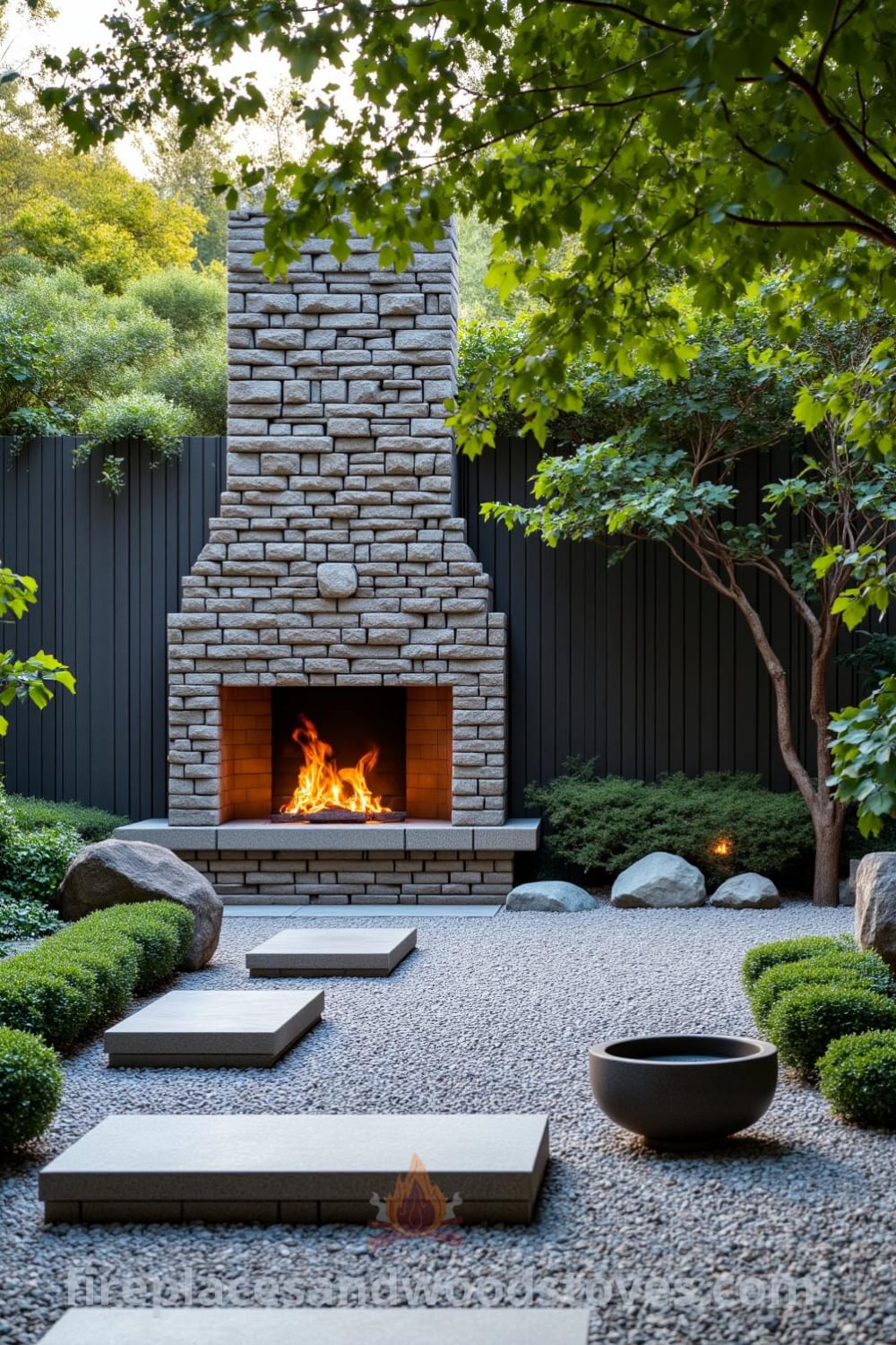 Japanese Zen outside fireplace integrated into a tranquil garden setting with lush greenery and smooth stones, featuring warm flames, designed to inspire beautiful decor ideas for your home, visit fireplacesandwoodstoves.com.