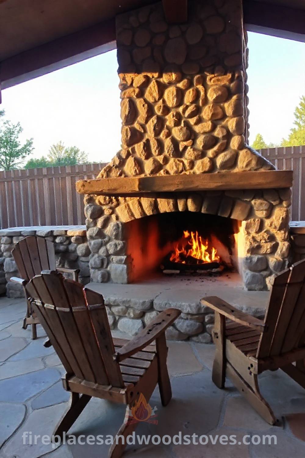Stone fireplace BBQ on a sun-soaked patio with charred grill marks, surrounded by mismatched wooden chairs, creating a cozy outdoor gathering spot for friends. Visit patioandhomefurniture.com for incredible outdoor design inspiration.