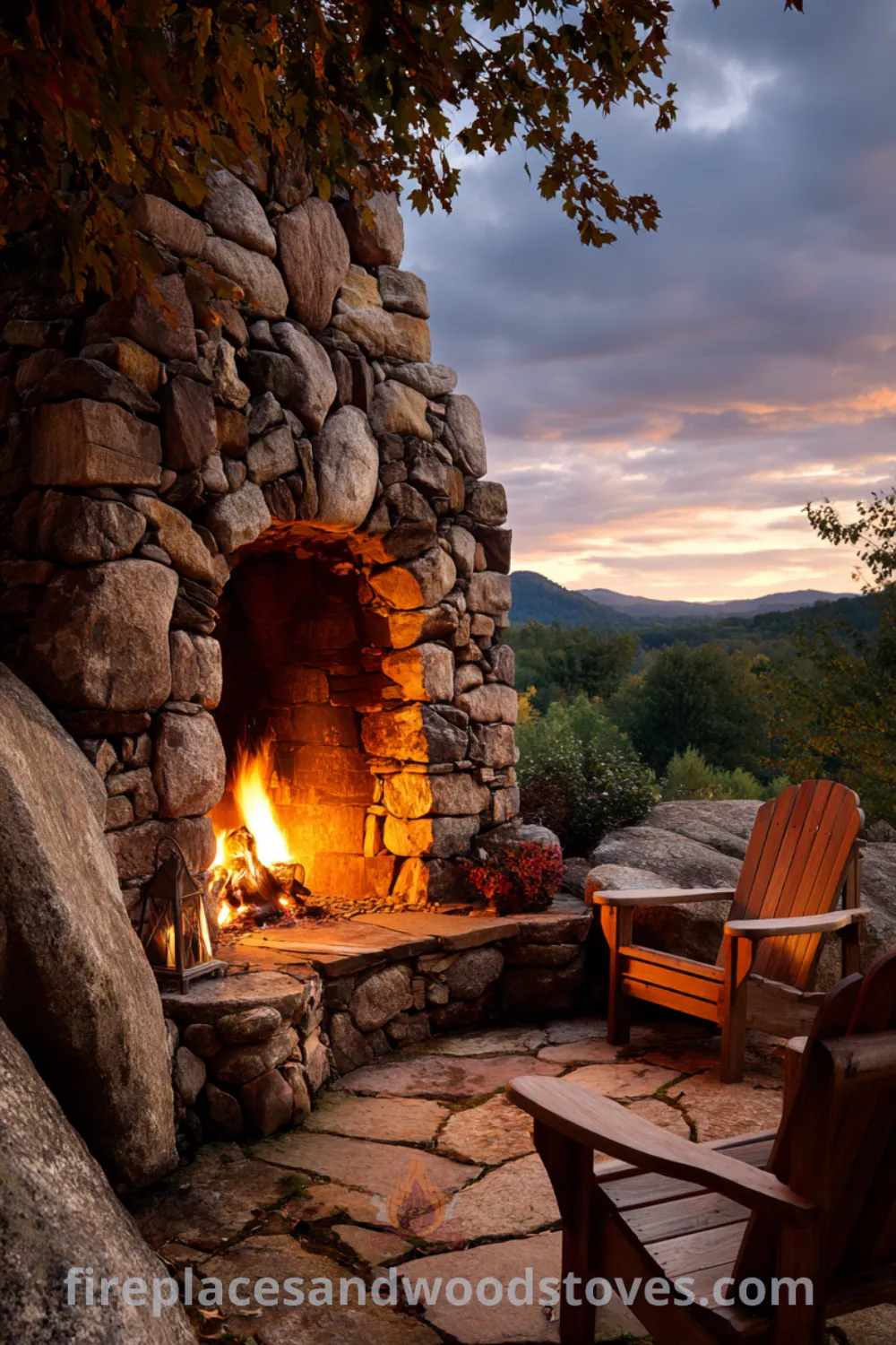 Natural stone river rock rustic outdoor fireplace surrounded by Adirondack chairs, warm fire glow, and inviting outdoor space.